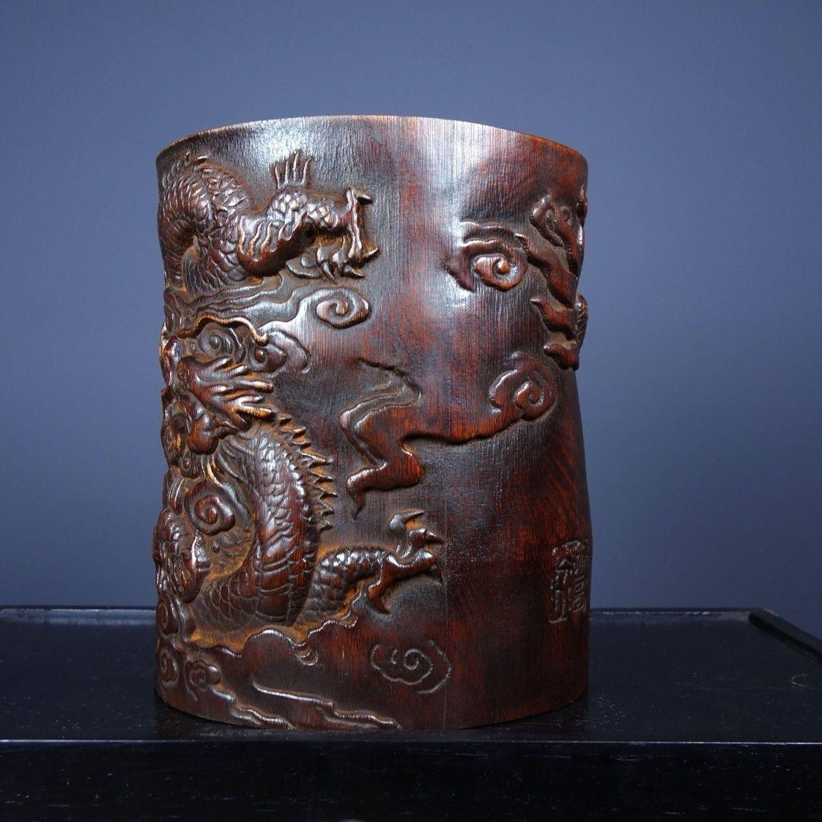 20th Century Handcrafted Wood Pen Pot with Dragon Carving – Elegant Desk Organizer For Sale