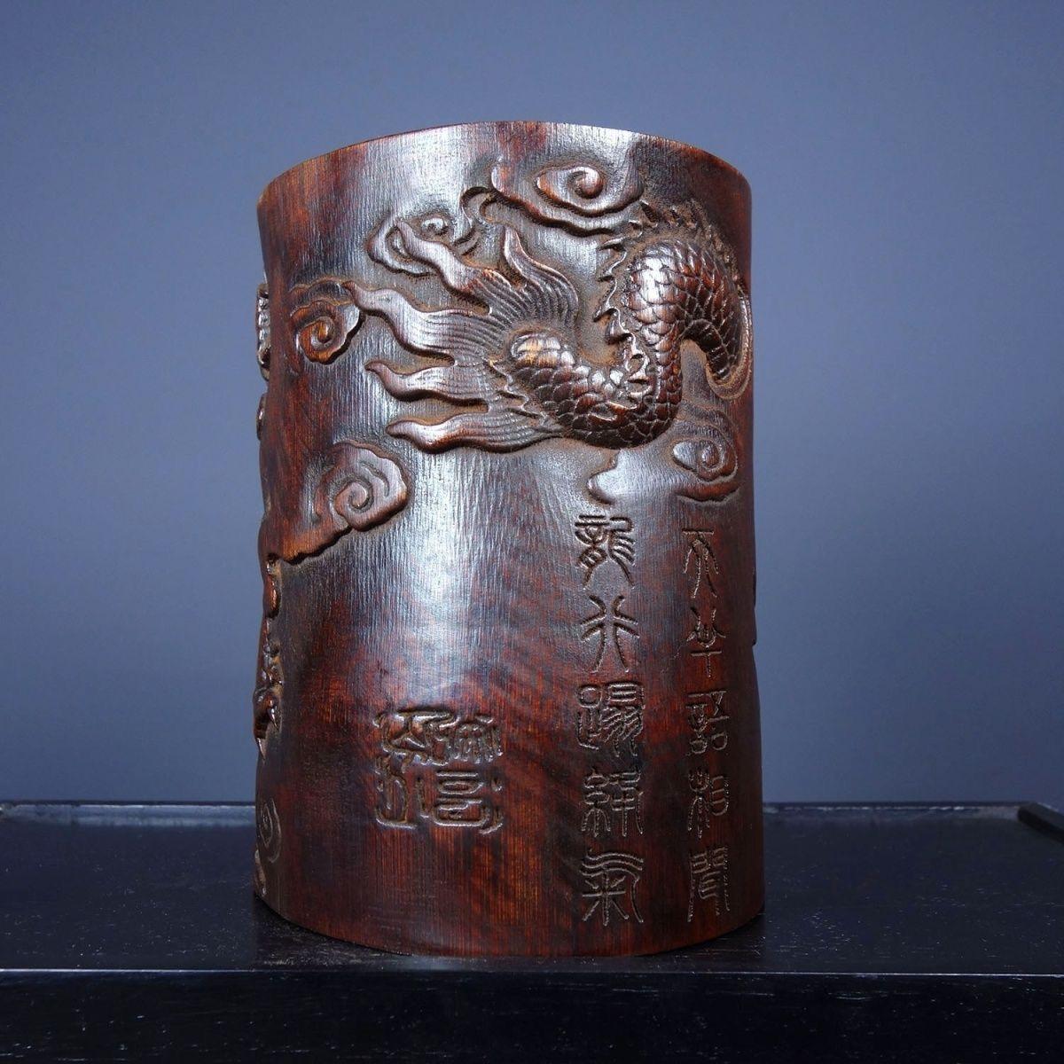 Handcrafted Wood Pen Pot with Dragon Carving – Elegant Desk Organizer For Sale 1