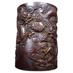 Handcrafted Wood Pen Pot with Dragon Carving – Elegant Desk Organizer
