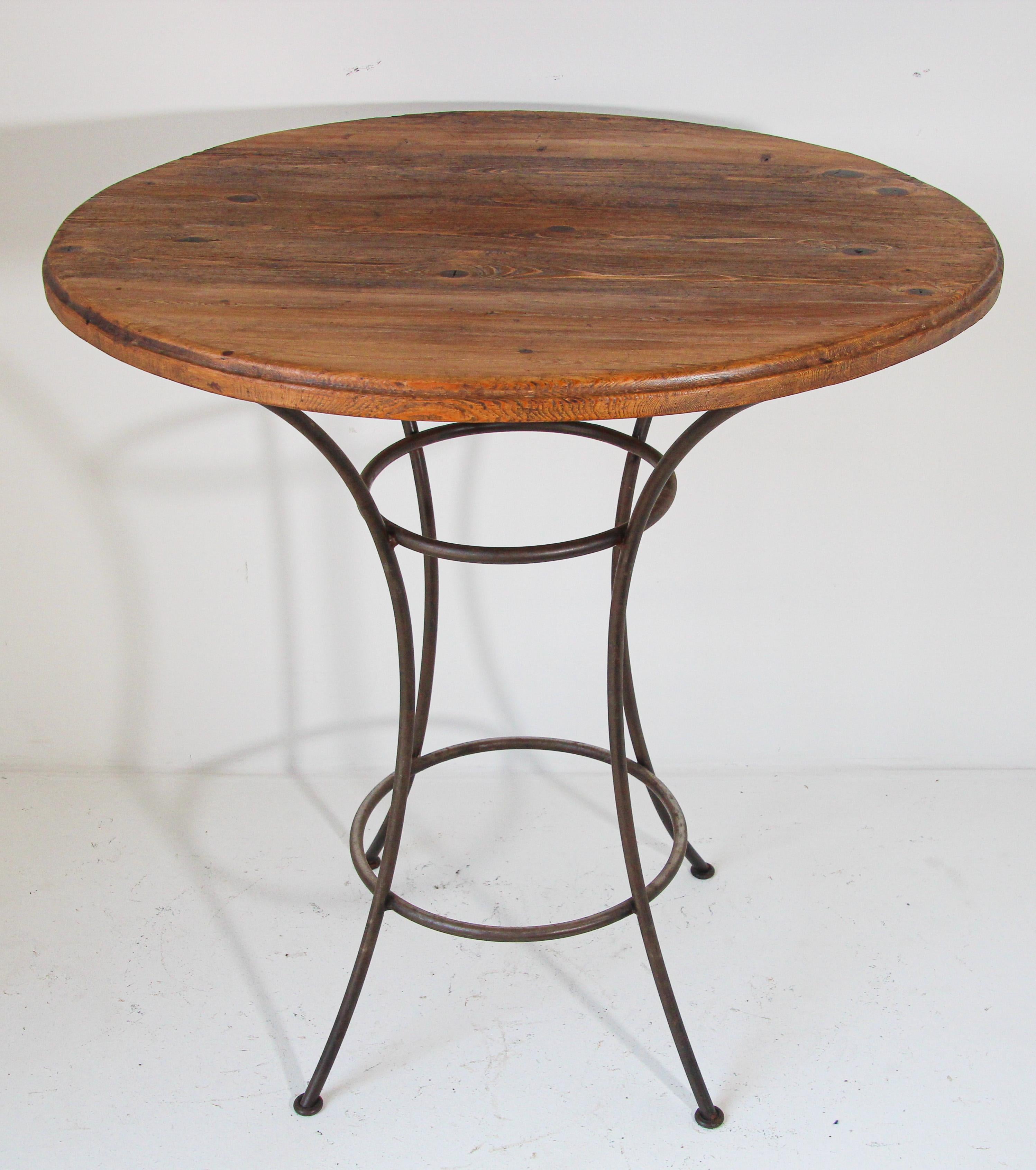 20th Century Handcrafted Wood Top Bar Height Table with Wrought Iron Forged Base For Sale