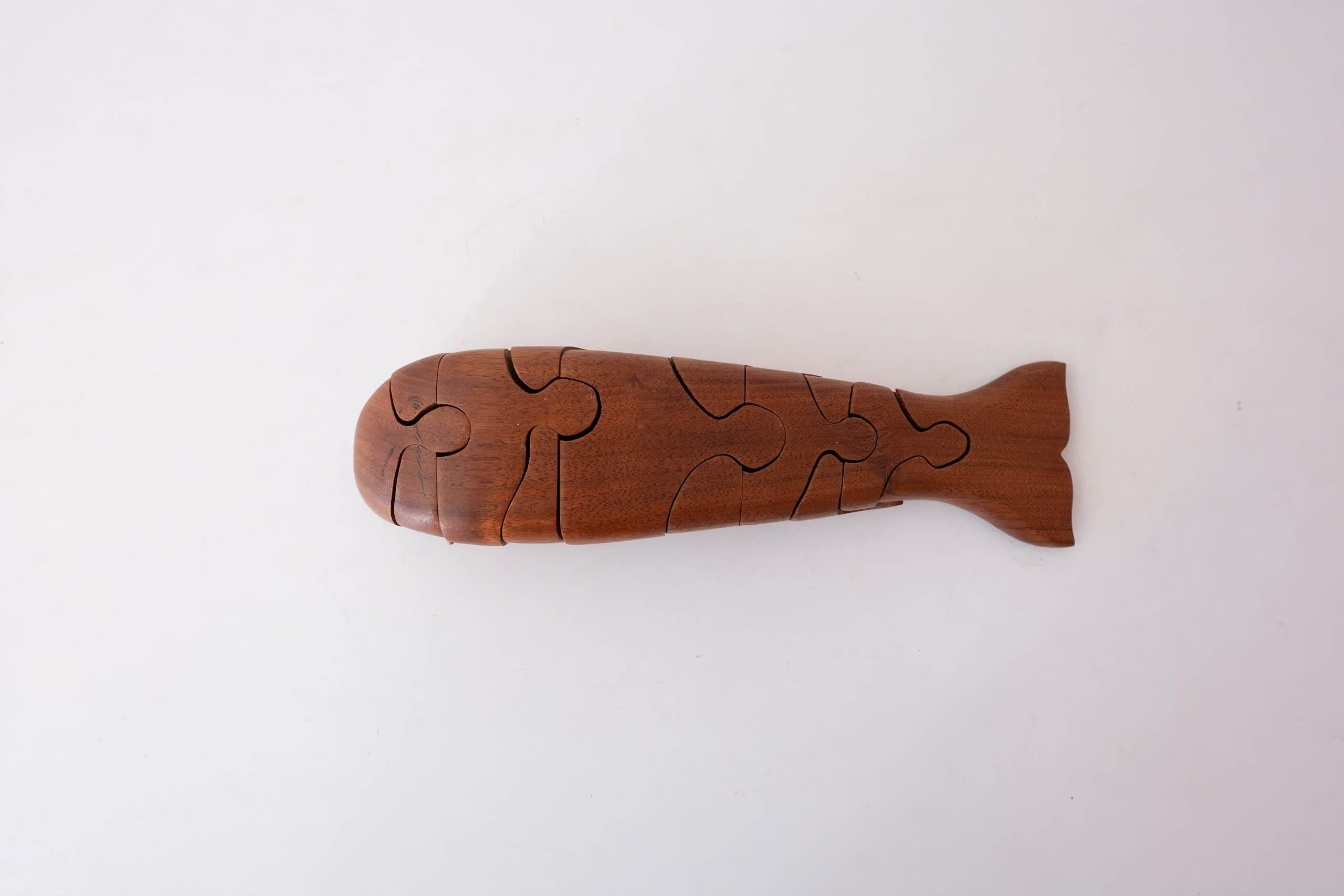 Folk Art Handcrafted Wood Whale Puzzle Sculpture Signed For Sale