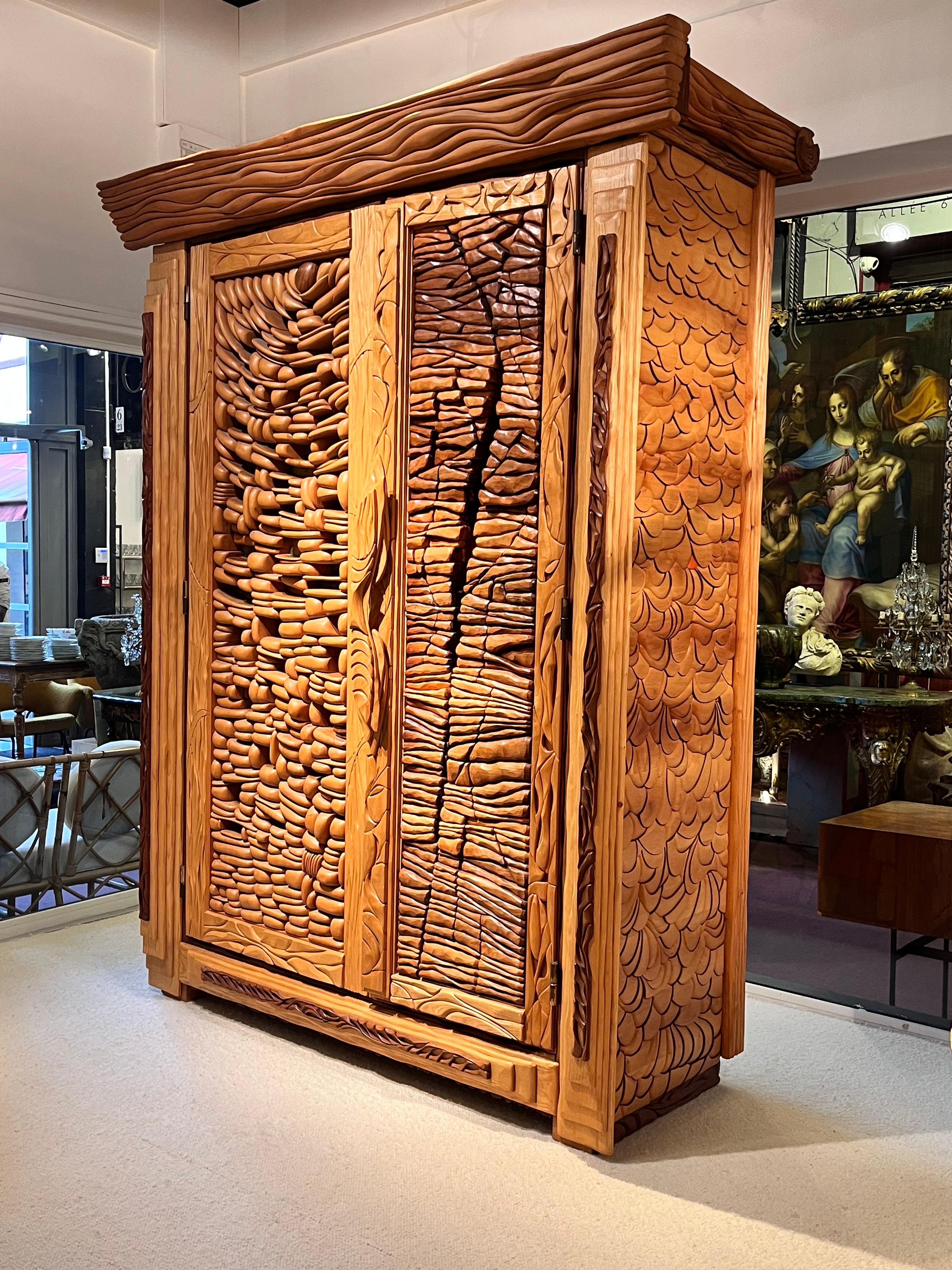 Late 20th Century Handcrafted Wooden Armoire by Lucien Bénière For Sale