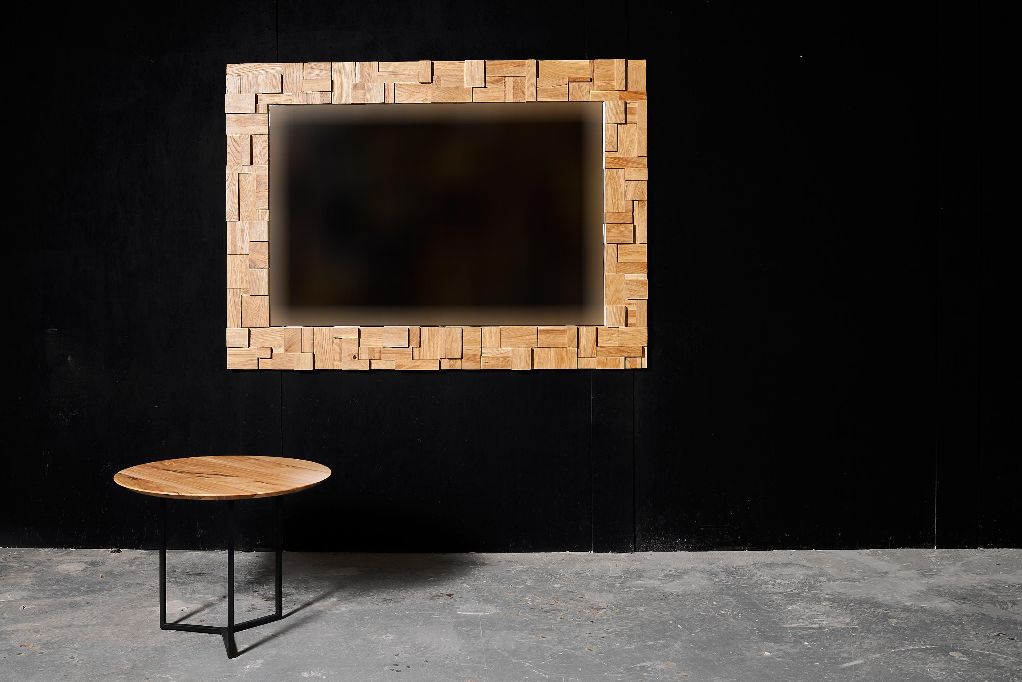 Moderne Miroir en bois artisanal Cadre en mosaïque de chêne Décoration murale Miroir design en vente