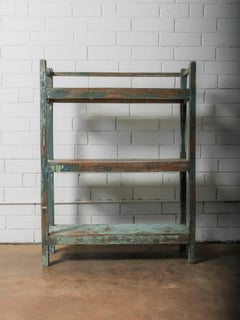 Handcrafted Wooden Shelf with Original Distressed Blue-Green Paint