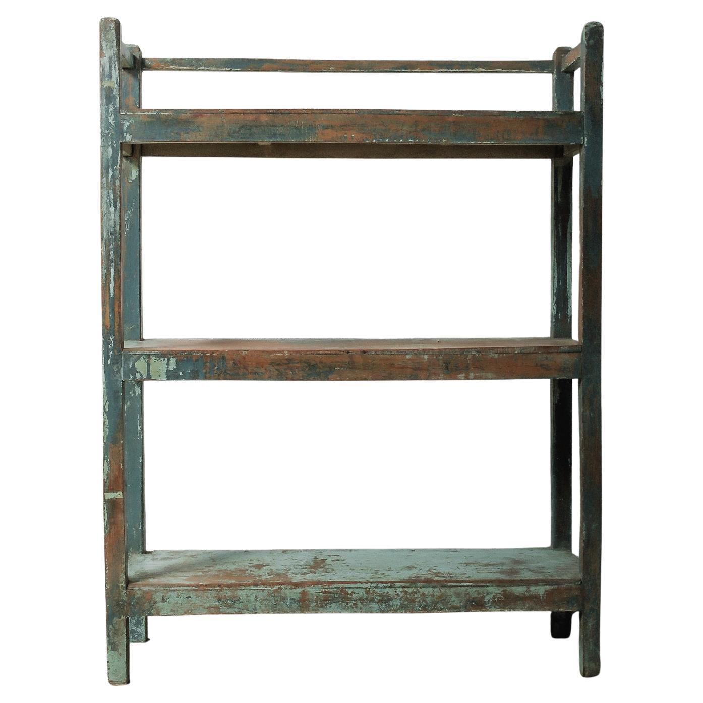 Handcrafted Wooden Shelf with Original Distressed Blue-Green Paint