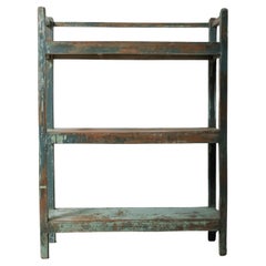 Handcrafted Wooden Shelf with Original Distressed Blue-Green Paint