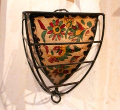 Handcrafted Wrought Iron and Polychrome Parchment Wall Sconce.