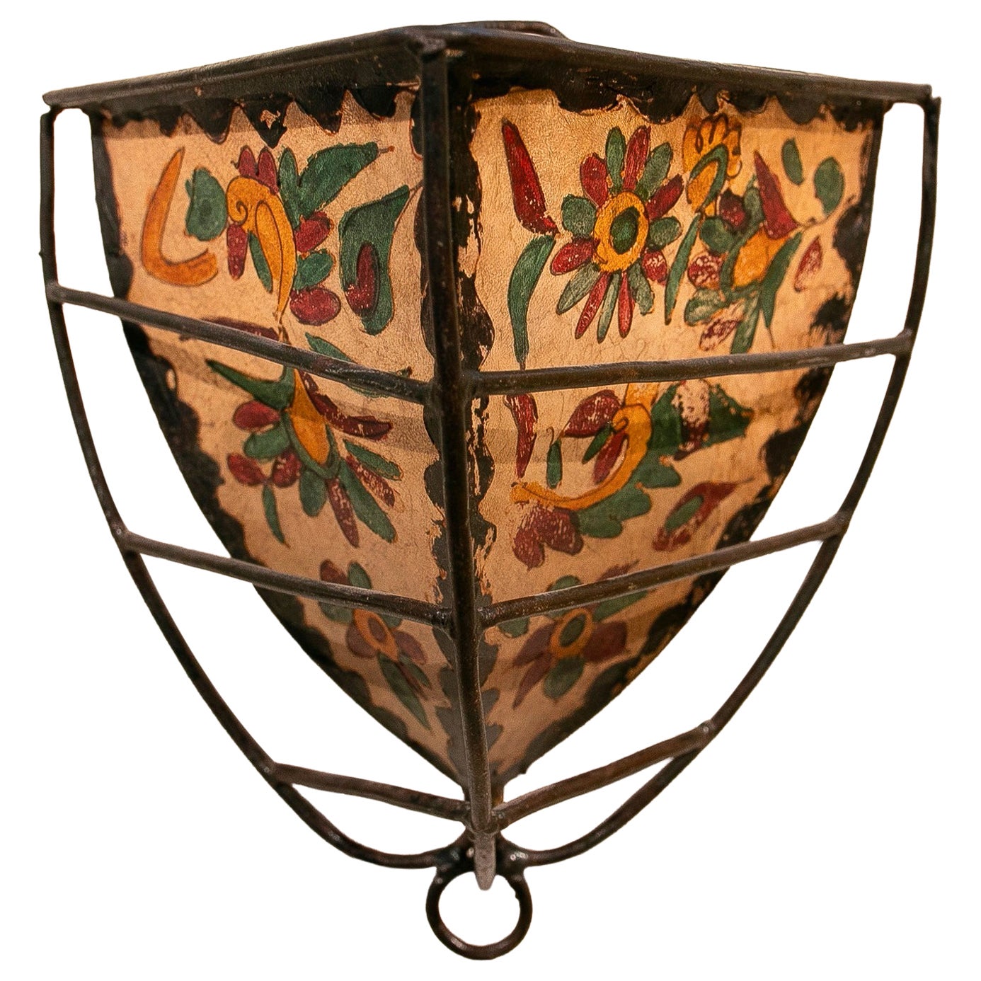 Handcrafted Wrought Iron and Polychrome Parchment Wall Sconce. For Sale