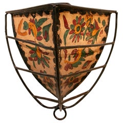 Handcrafted Wrought Iron and Polychrome Parchment Wall Sconce.