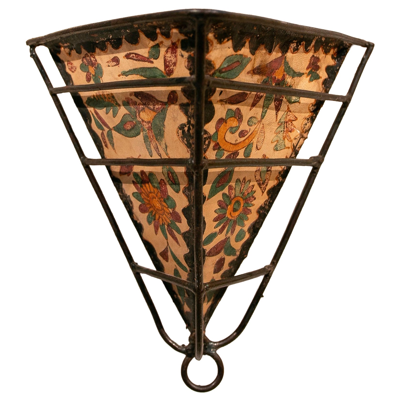 Handcrafted Wrought Iron and Polychrome Parchment Wall Sconce. For Sale