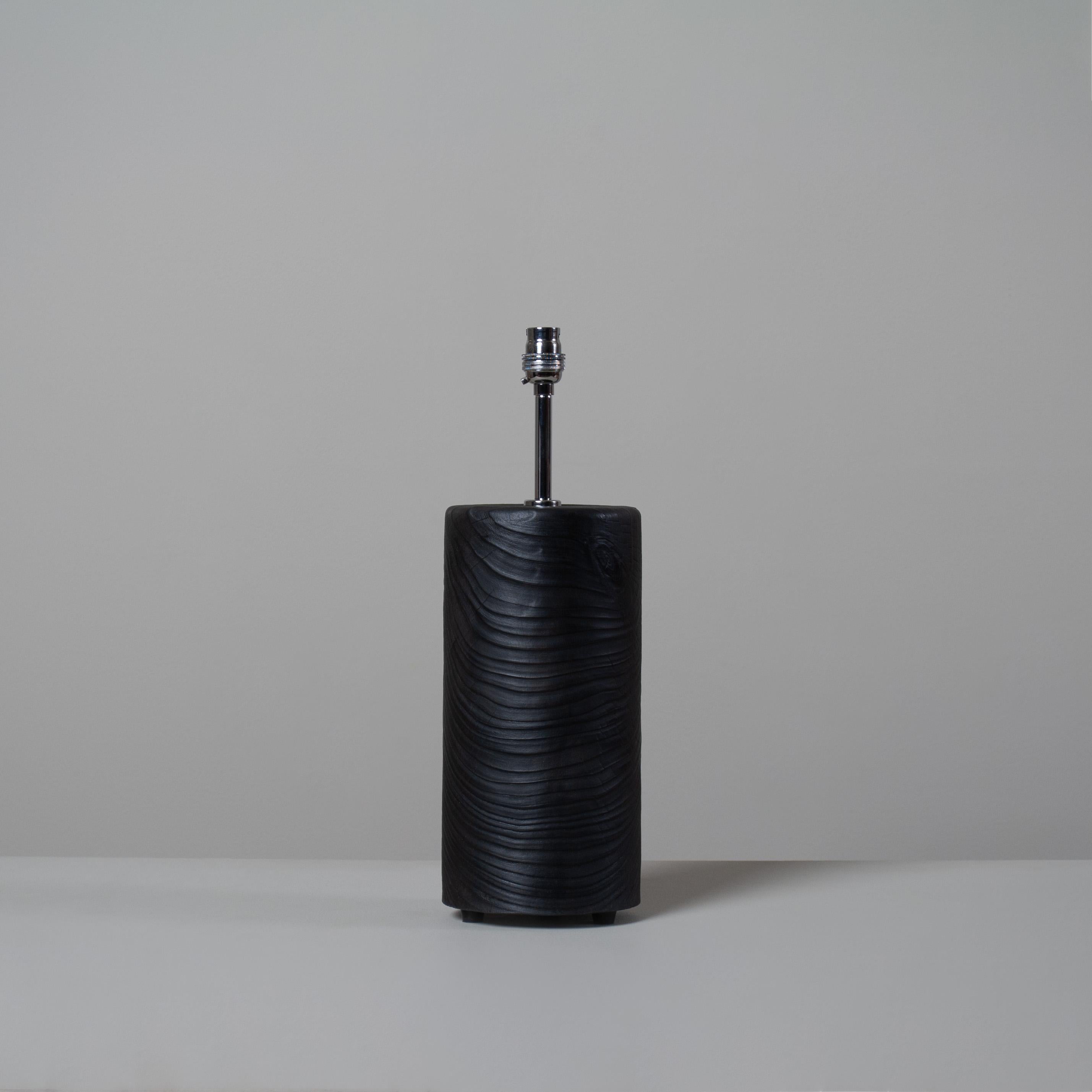 Large Japanese Yakisugi technique Pillar lamp. Handcrafted and turned solid English ash or cypress wood. Chrome/brass electrical fittings to your requirements. Dimensions may vary slightly due to the nature of the craft process involved.
Yakisugi /