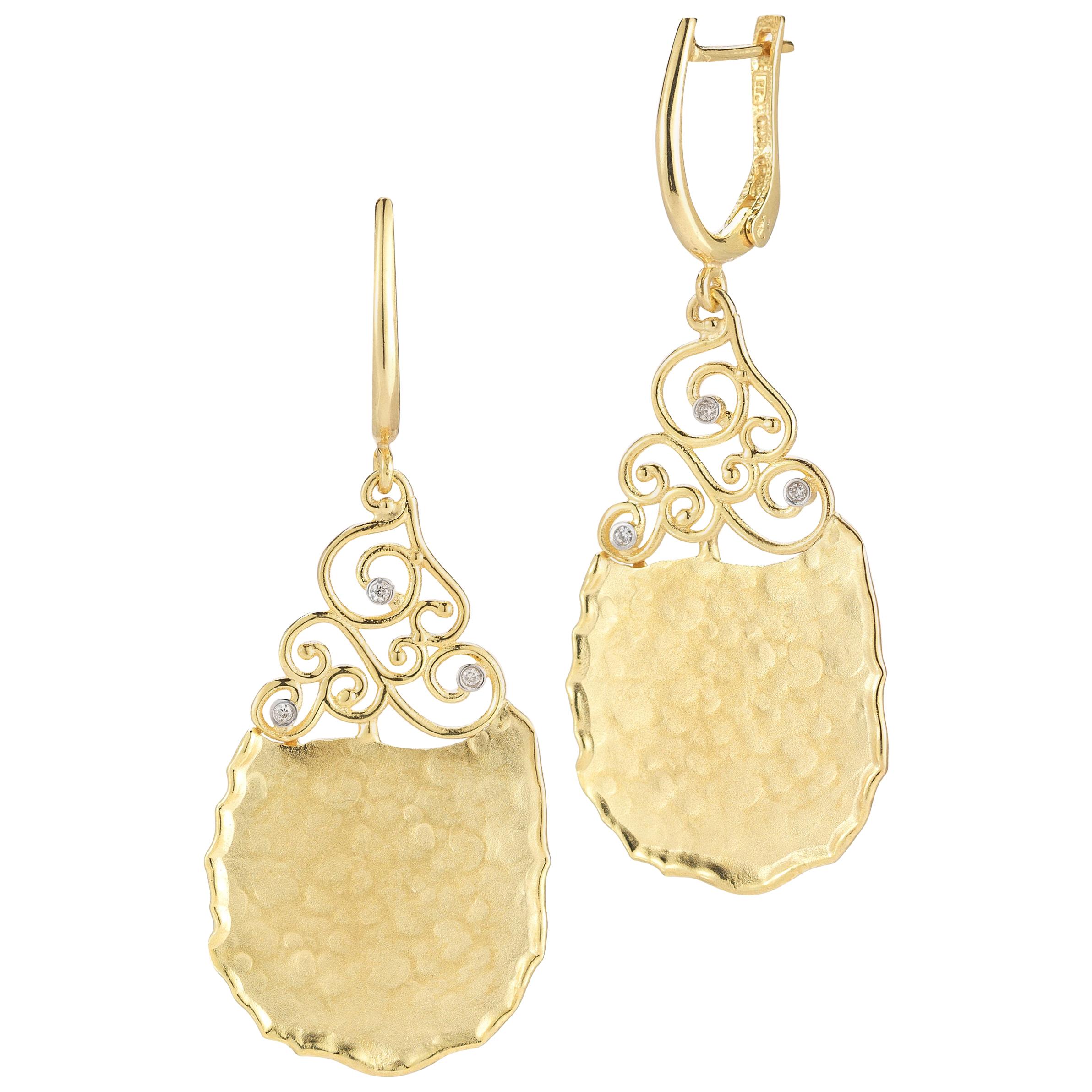 Handcrafted Yellow Gold Handcrafted Filigree Tear-Drop Hammered Earrings For Sale