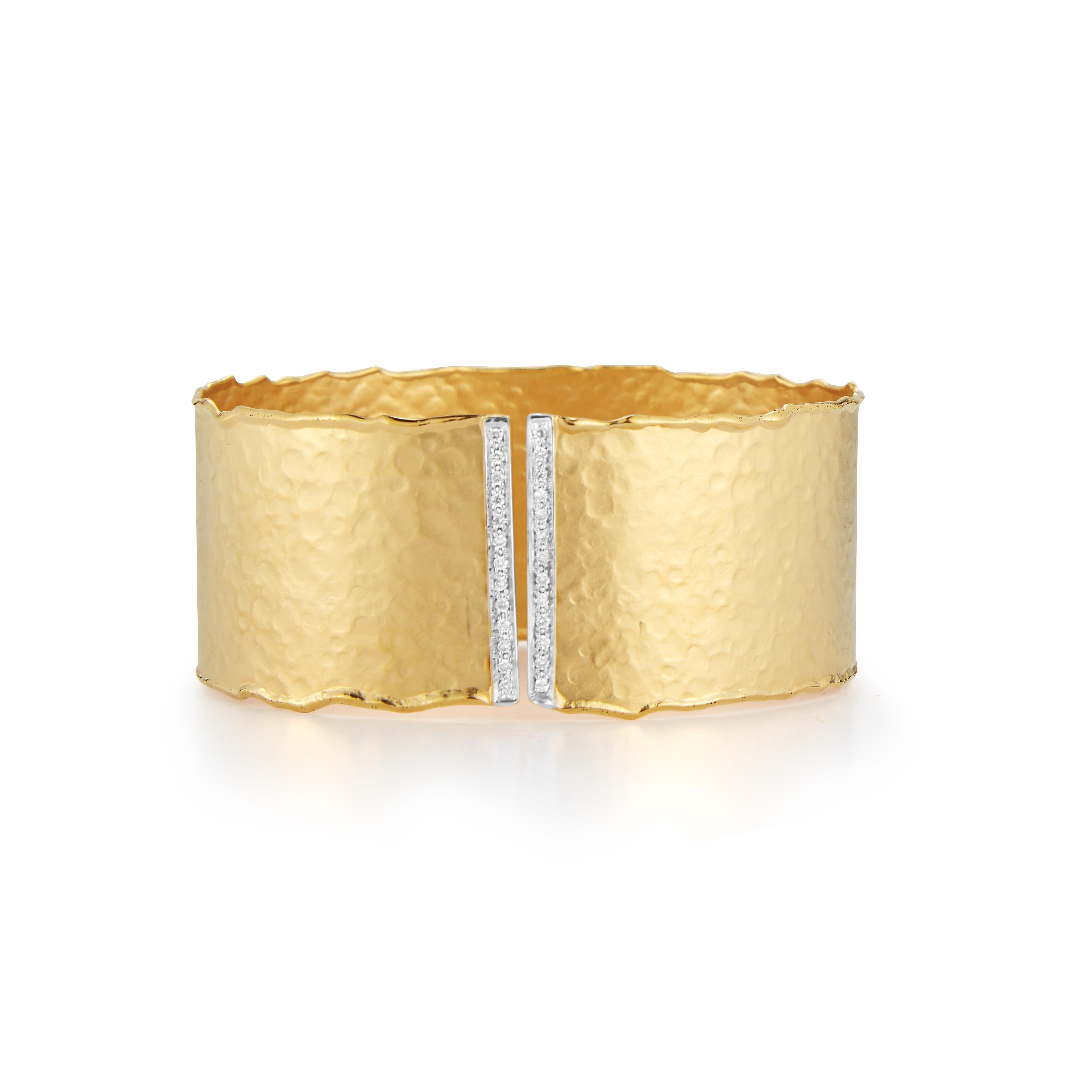 Round Cut Handcrafted Yellow Gold Handcrafted Hammered Cuff Bracelet For Sale