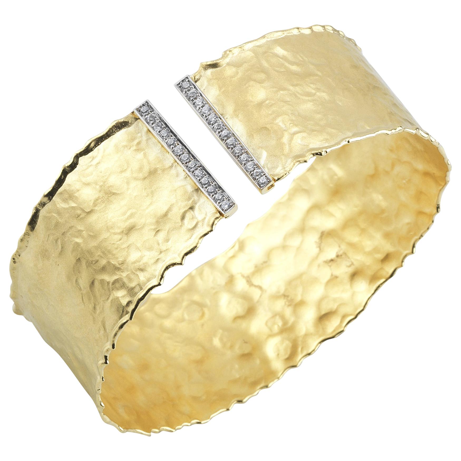 Handcrafted Yellow Gold Handcrafted Hammered Cuff Bracelet For Sale