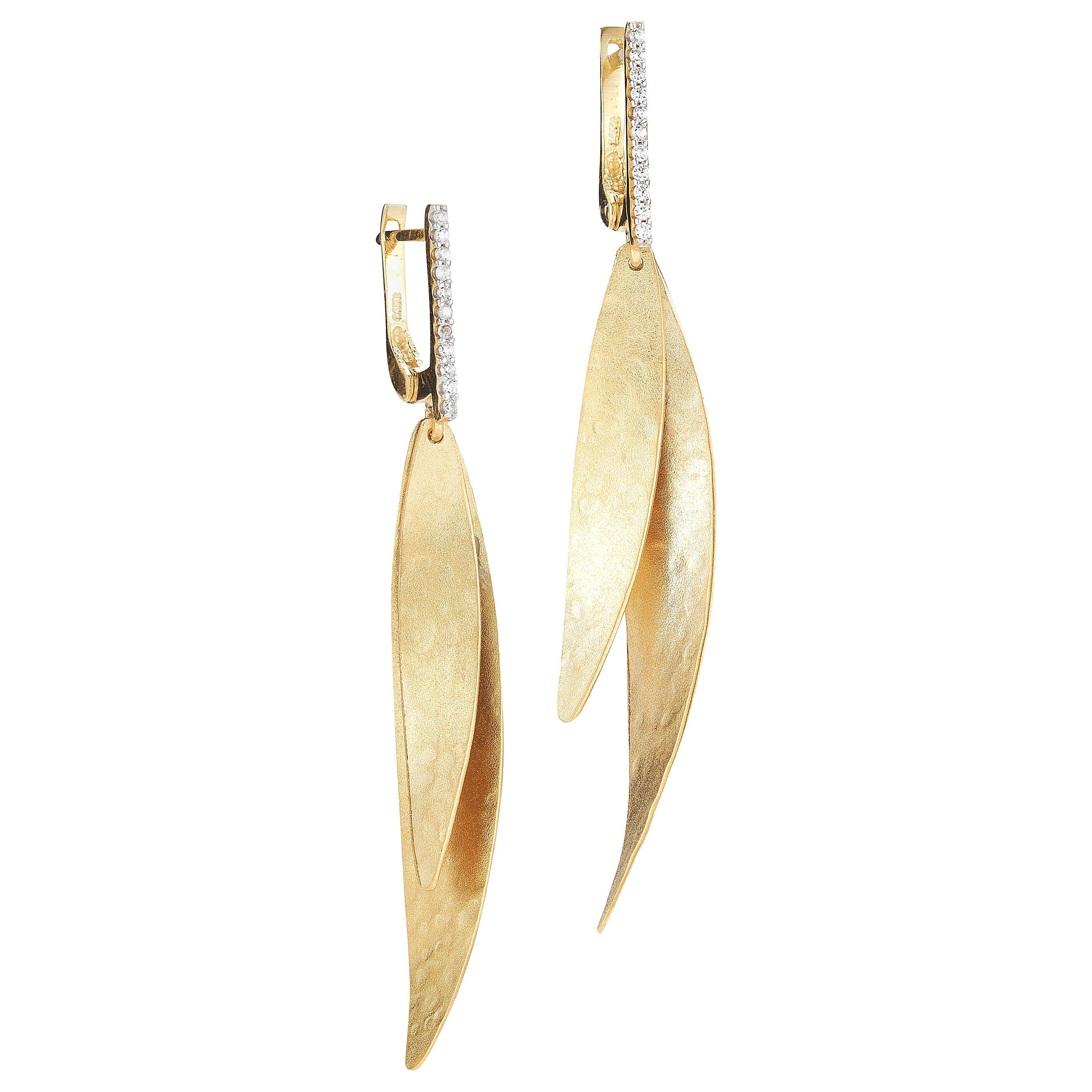 Hand-Crafted Yellow Gold Hammered Stacked Leaf Earrings For Sale