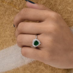 Handcrafted Zambian Emerald Halo Diamonds Heart Shape Ring 18 Karat White Gold