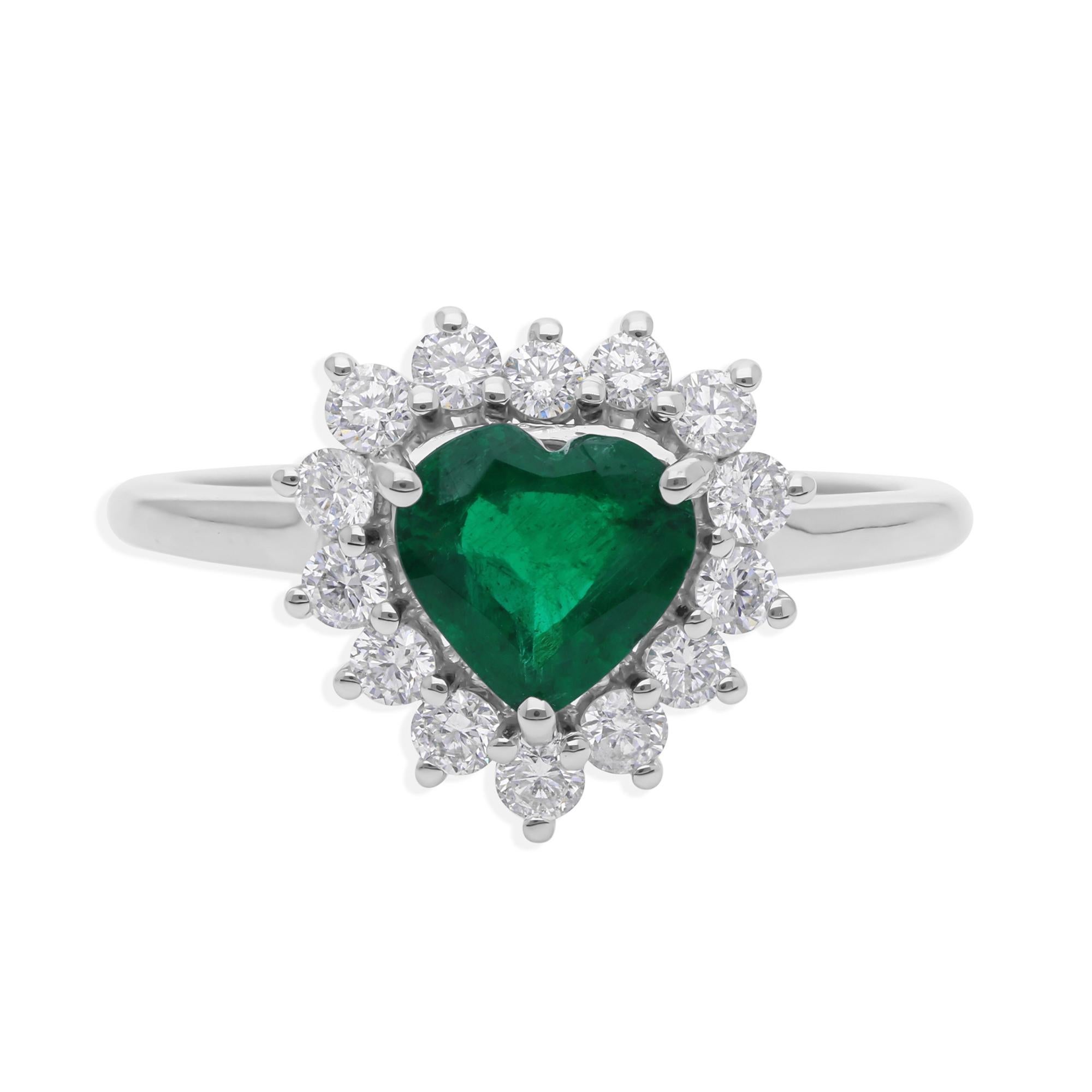Anello a forma di cuore con diamanti aureolati di smeraldo dello Zambia, realizzato a mano, in oro bianco 18 carati