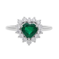 Handcrafted Zambian Emerald Halo Diamonds Heart Shape Ring 18 Karat White Gold