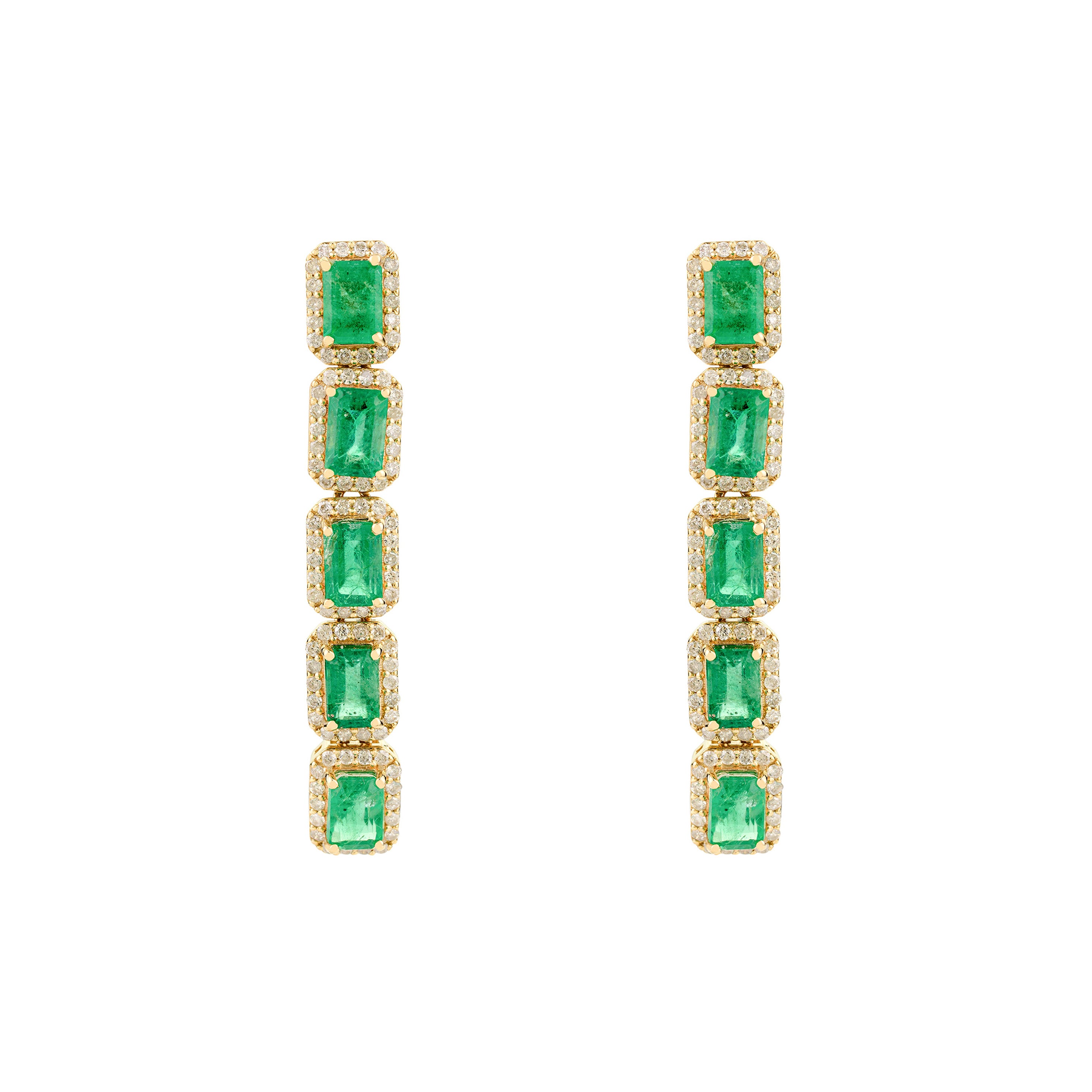 Handgefertigte lange Ohrringe mit sambischem Smaragd aus 14k Gelbgold mit Diamanten im Angebot