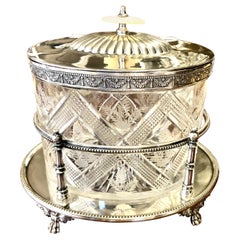 Antique English Sheffield S/P and Hand Cut Crystal Oval Biscuit Box on Stand
