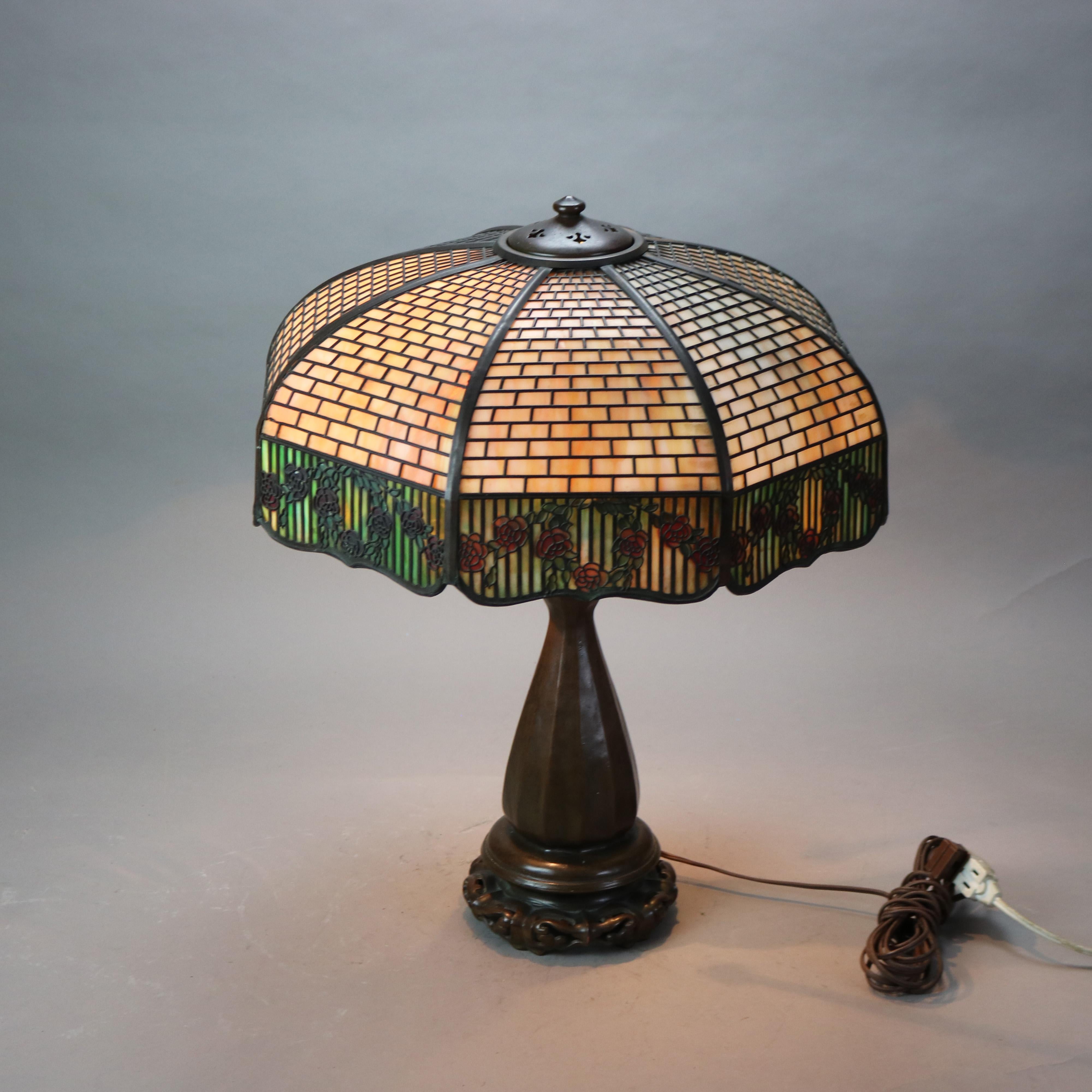 Handel Arts & Crafts Bronze Overlay Table Lamp with Painted Rose Elements c1920 4