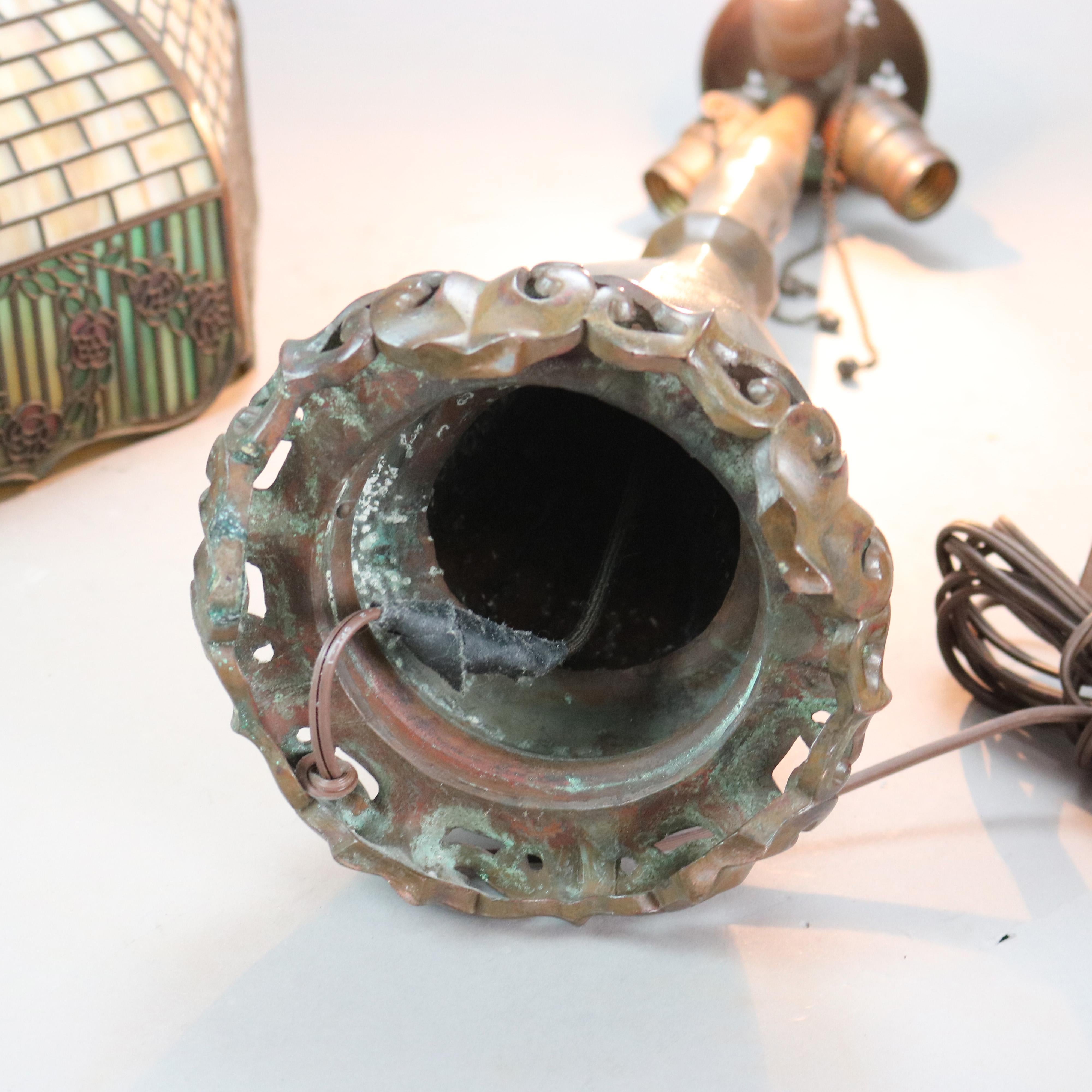 Handel Arts & Crafts Bronze Overlay Table Lamp with Painted Rose Elements c1920 5