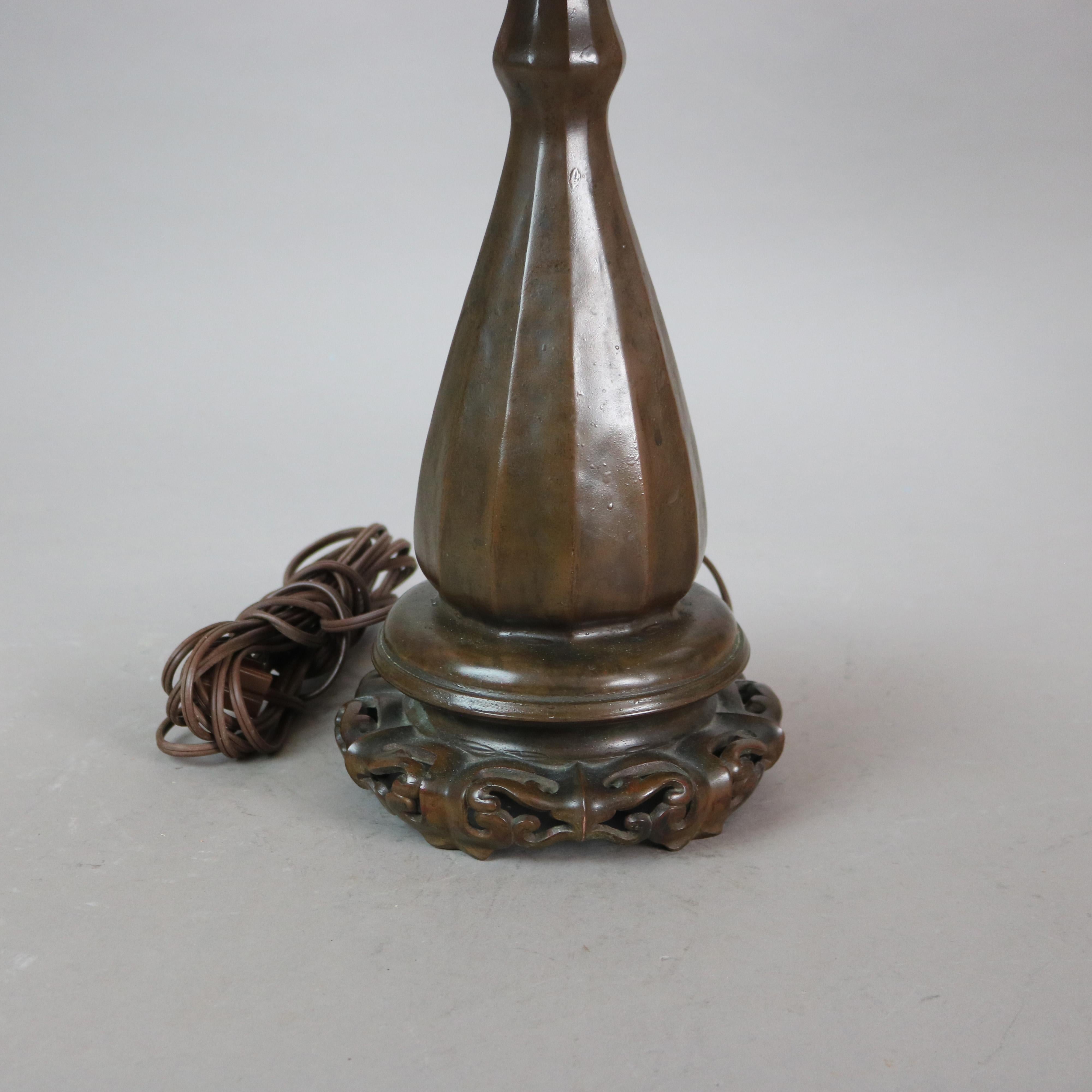 Arts and Crafts Handel Arts & Crafts Bronze Overlay Table Lamp with Painted Rose Elements c1920