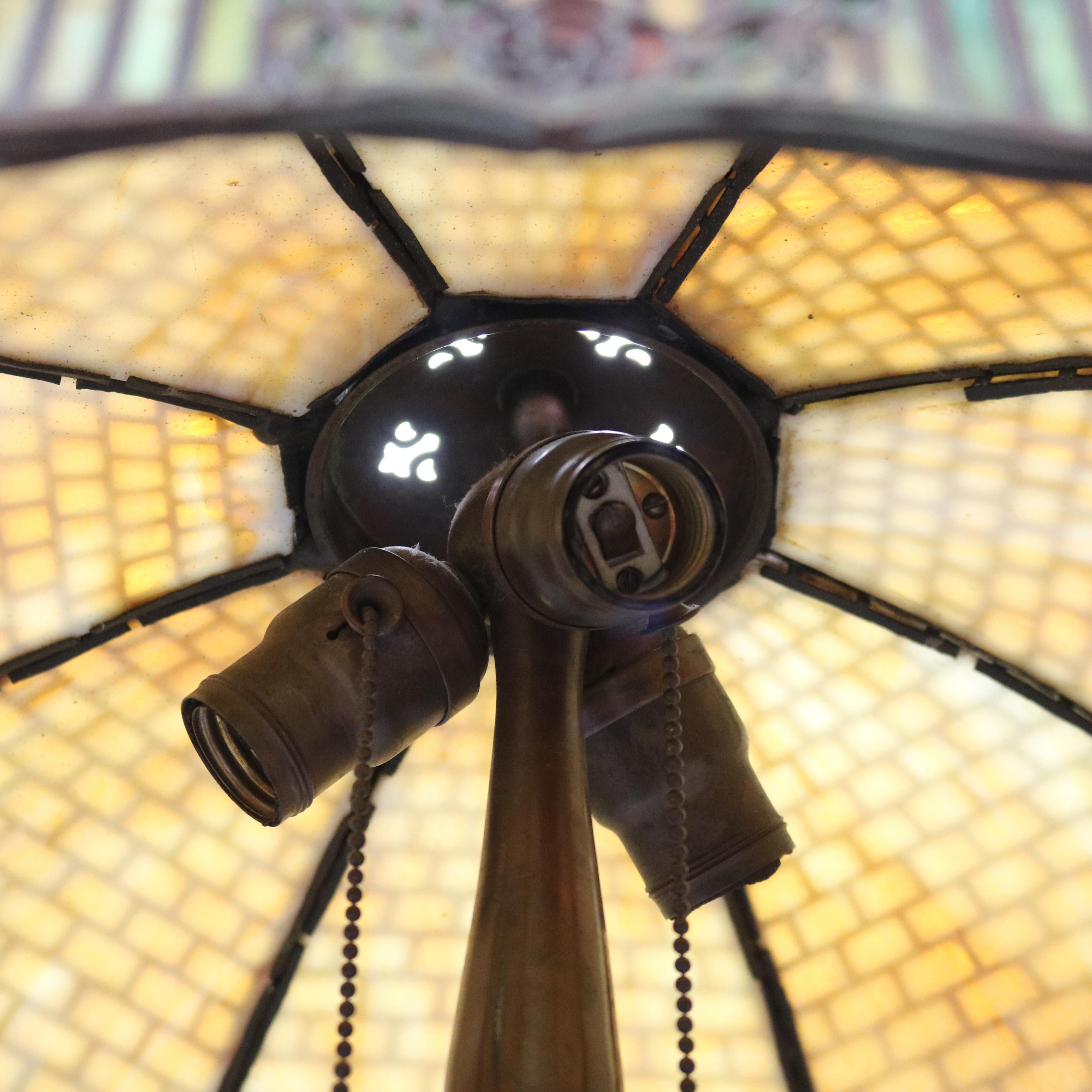 American Handel Arts & Crafts Bronze Overlay Table Lamp with Painted Rose Elements c1920