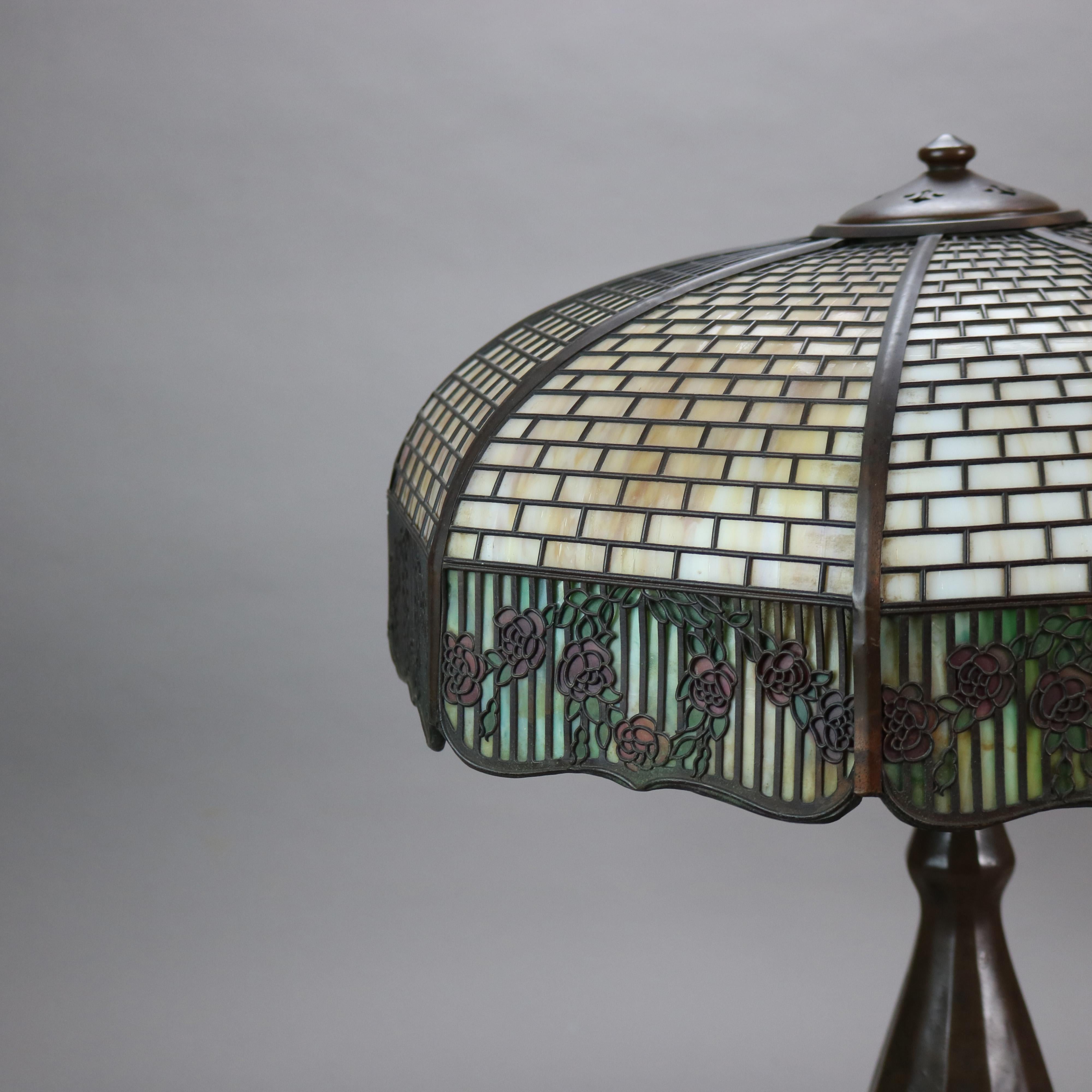 Handel Arts & Crafts Bronze Overlay Table Lamp with Painted Rose Elements c1920 In Good Condition In Big Flats, NY