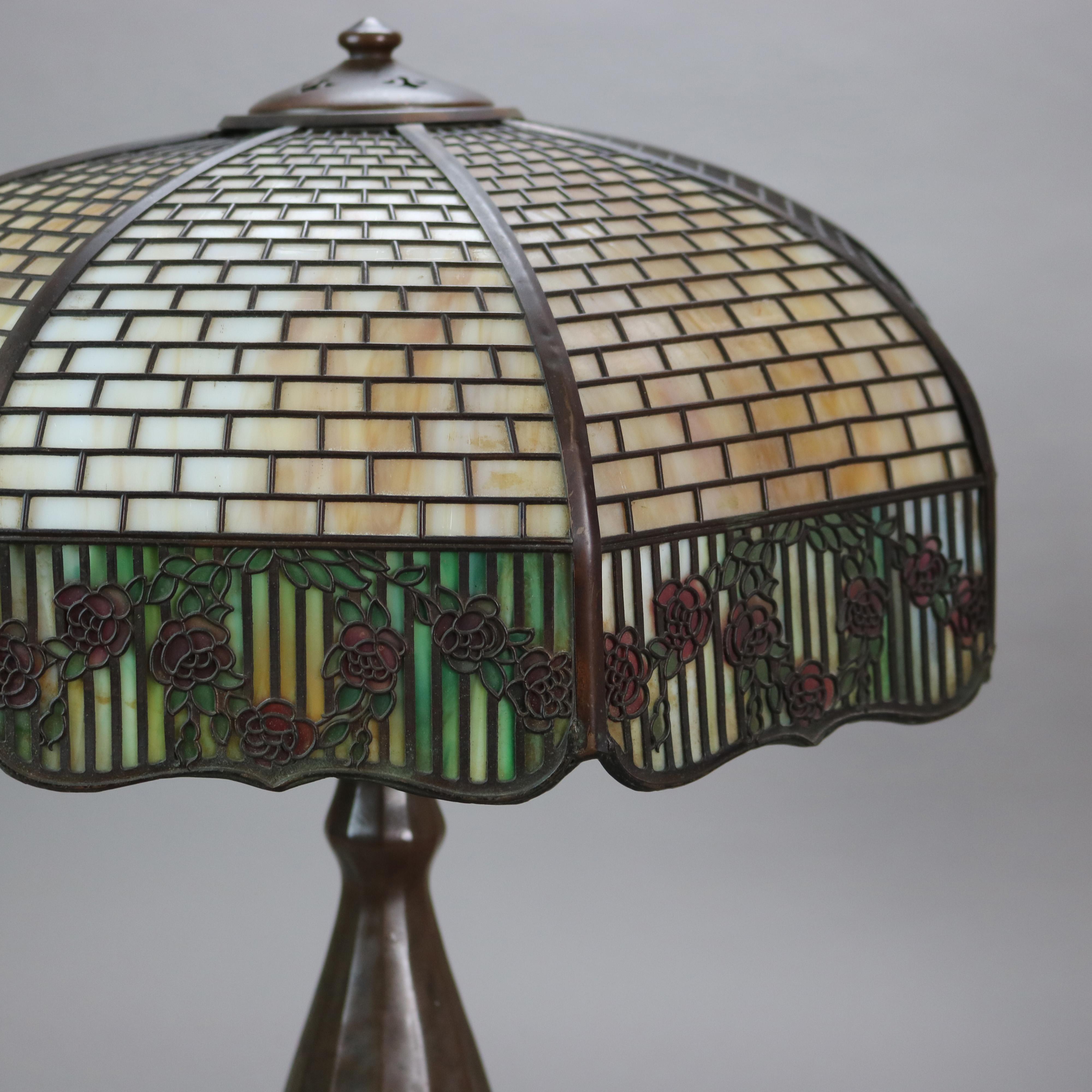 20th Century Handel Arts & Crafts Bronze Overlay Table Lamp with Painted Rose Elements c1920