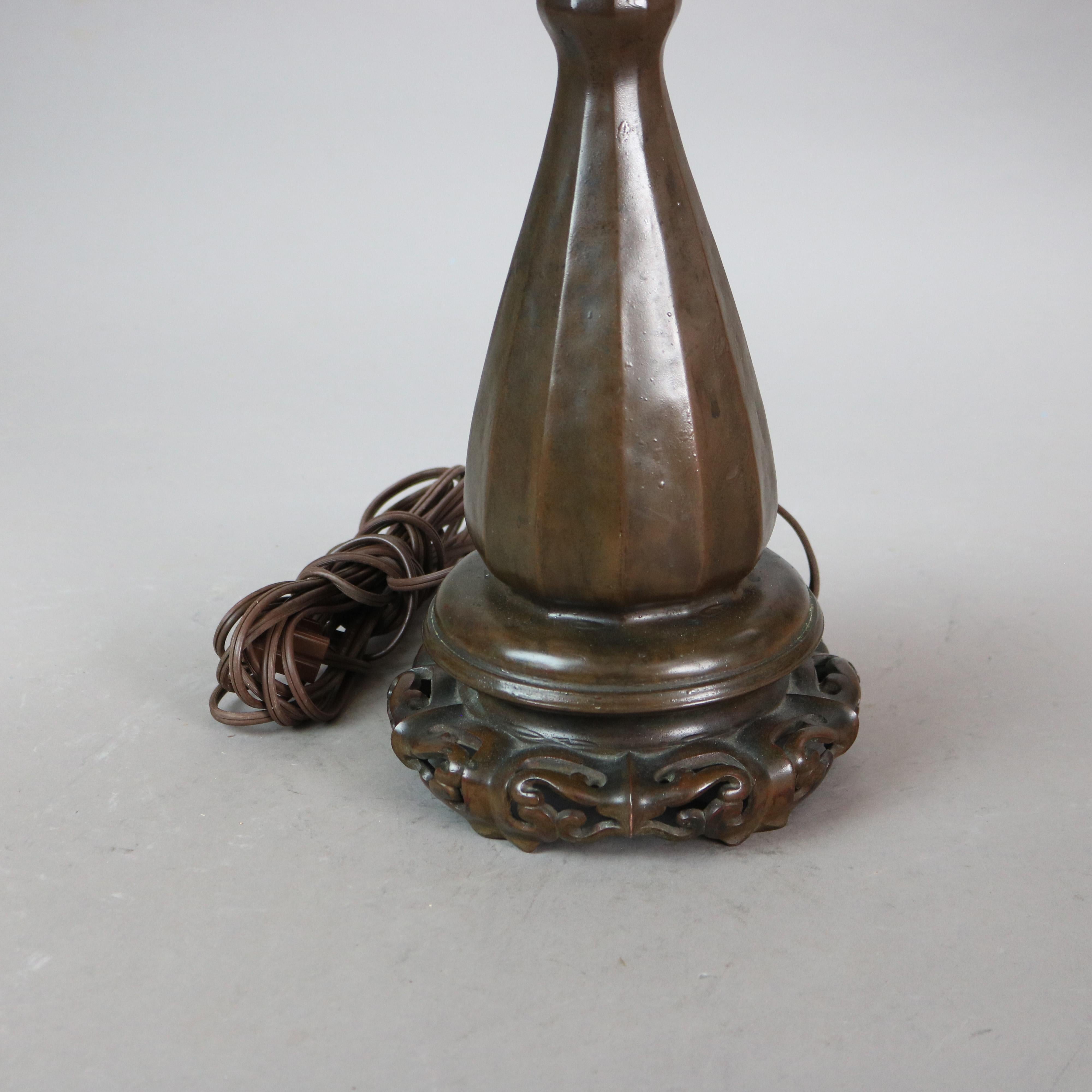 Handel Arts & Crafts Bronze Overlay Table Lamp with Painted Rose Elements c1920 2