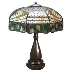 Antique Handel Arts & Crafts Bronze Overlay Table Lamp with Painted Rose Elements c1920