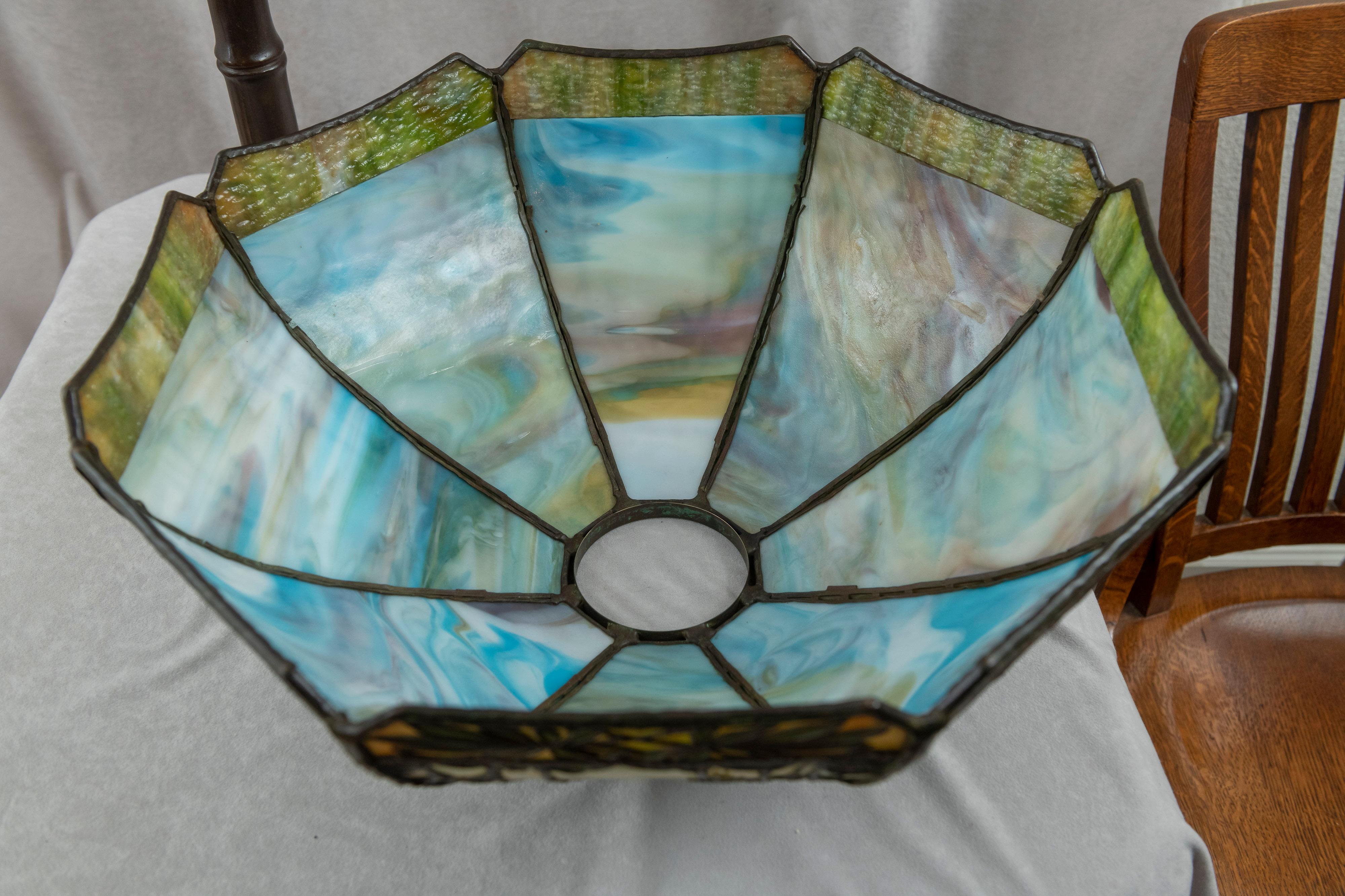 Handel Bamboo Overlay Panel Lamp, All Original, Base & Shade Signed, ca. 1910 1