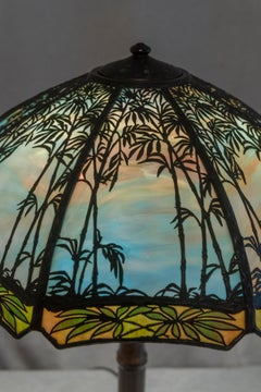 Handel Bamboo Overlay Panel Lamp, All Original, Base & Shade Signed, ca. 1910
