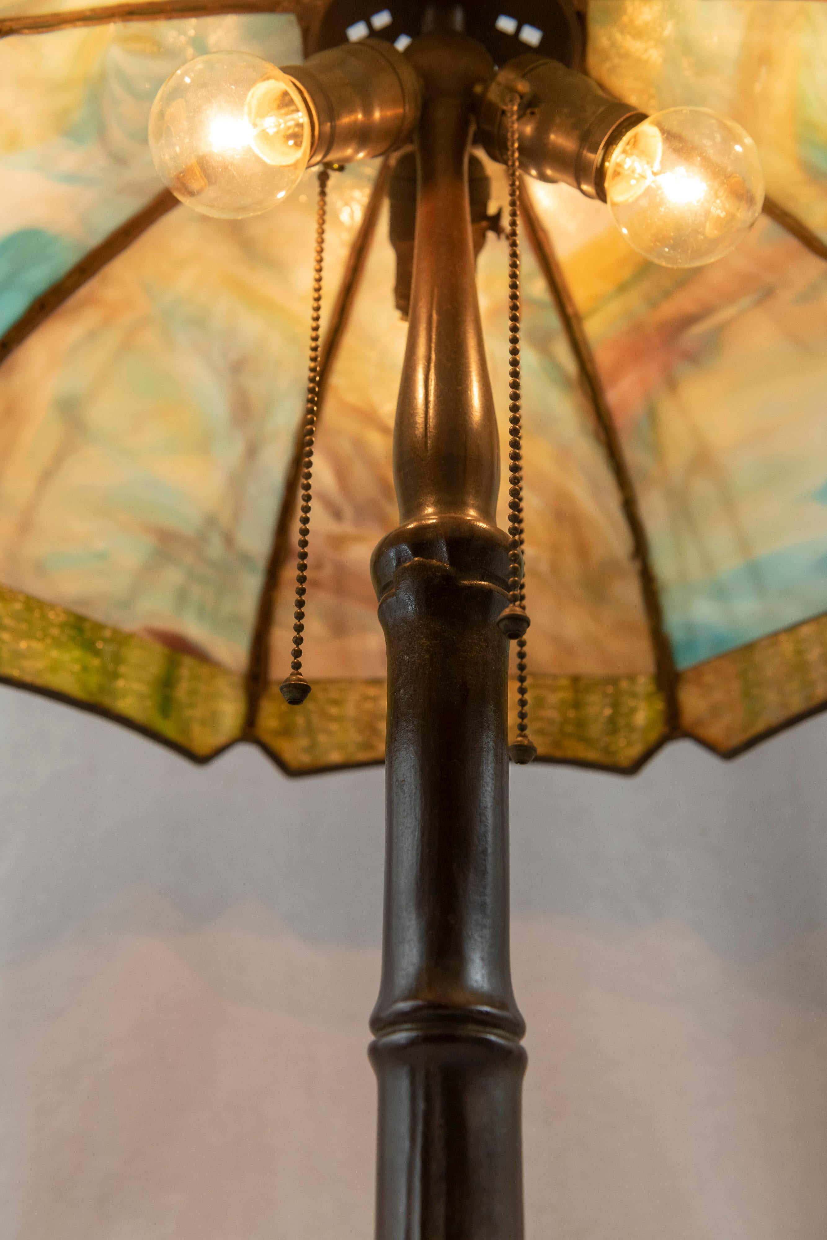 American Handel Bamboo Overlay Panel Lamp, All Original, Base & Shade Signed, ca. 1910