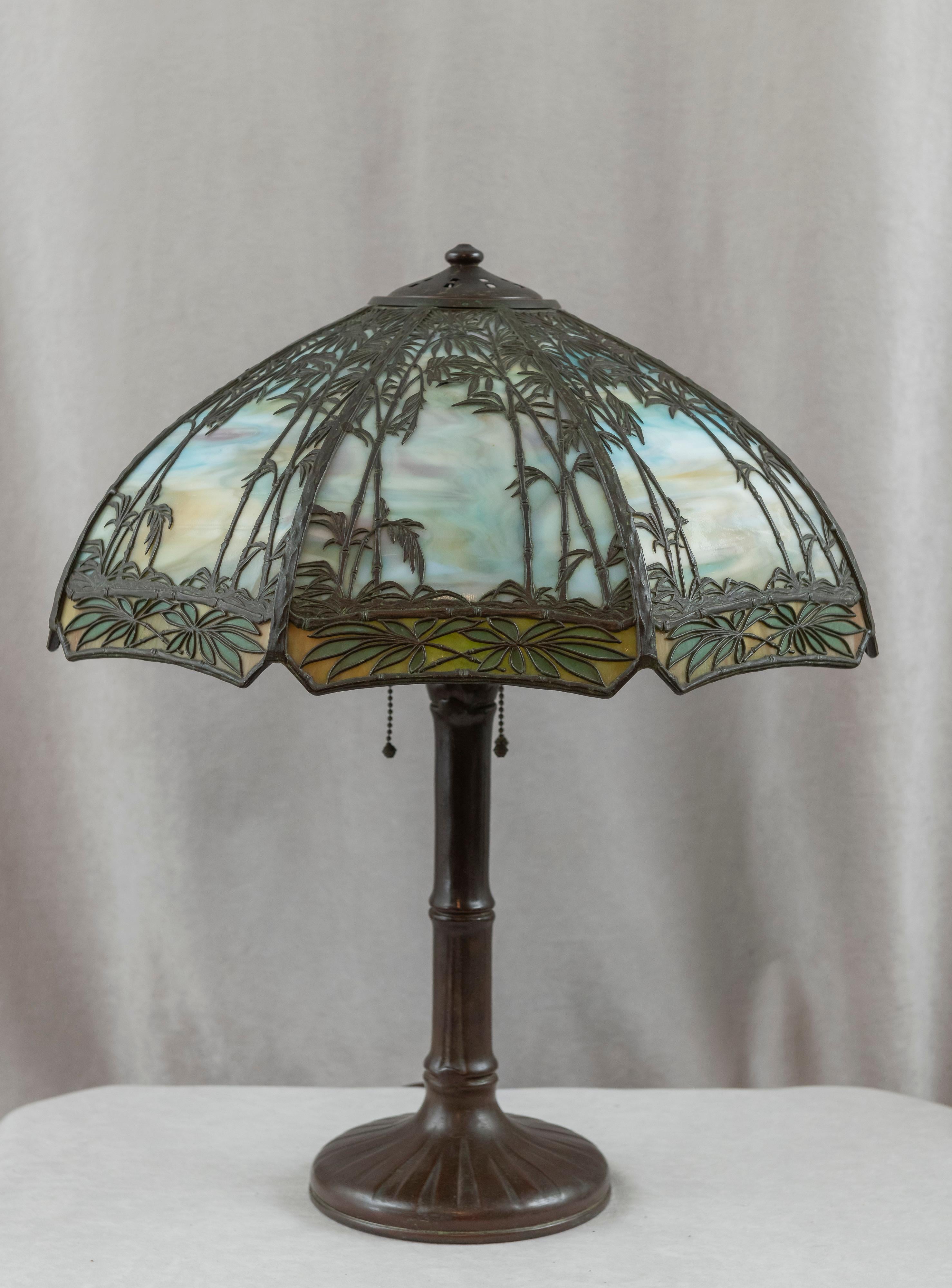 Cast Handel Bamboo Overlay Panel Lamp, All Original, Base & Shade Signed, ca. 1910