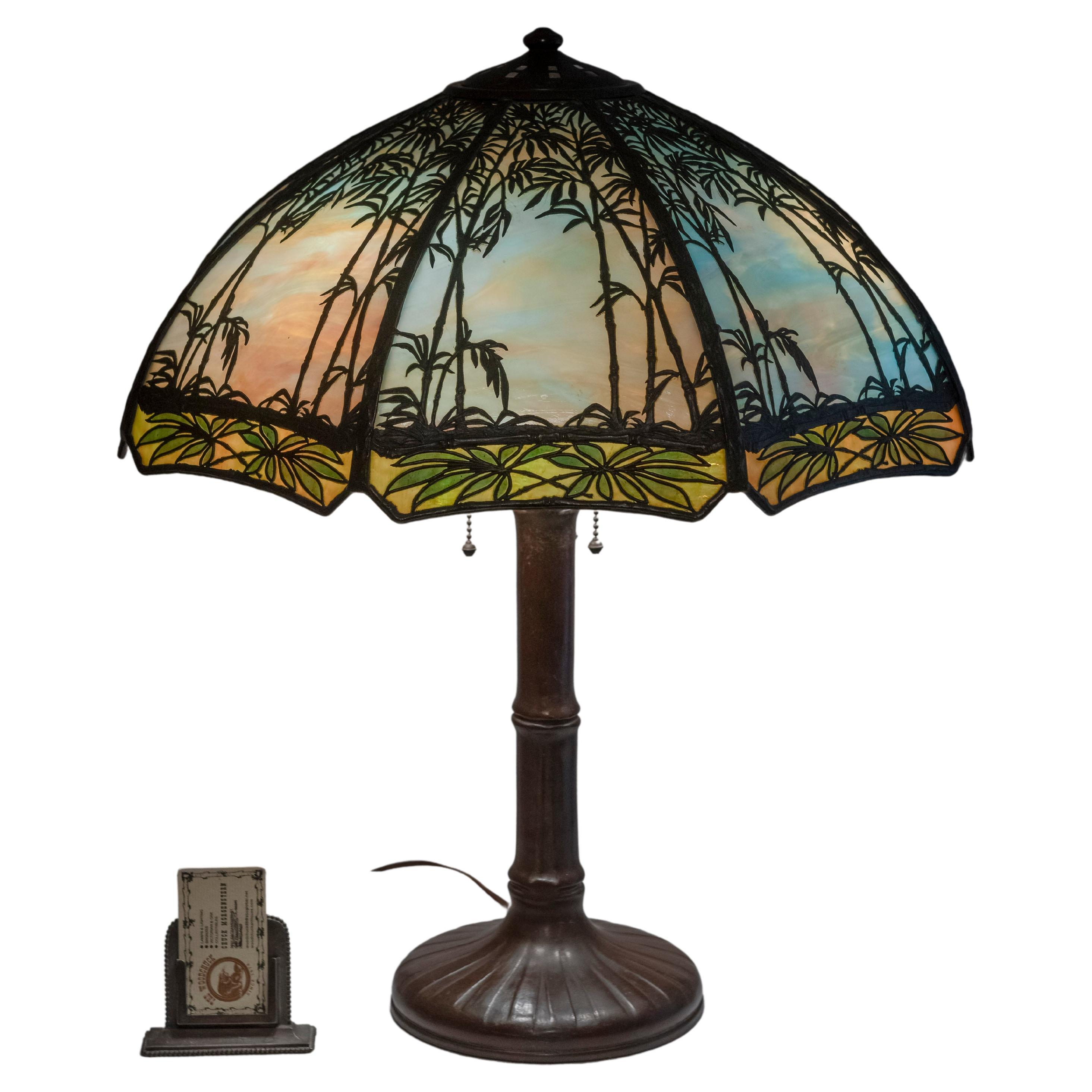 Handel Bamboo Overlay Panel Lamp, All Original, Base & Shade Signed, ca. 1910