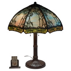 Handel - Lampe  panneau en bambou superpos, entirement d'origine, avec base et abat-jour signs, vers 1910