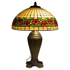 Handel Cherry Blossom Leaded Glass Shade on Bronze Table Lamp Base