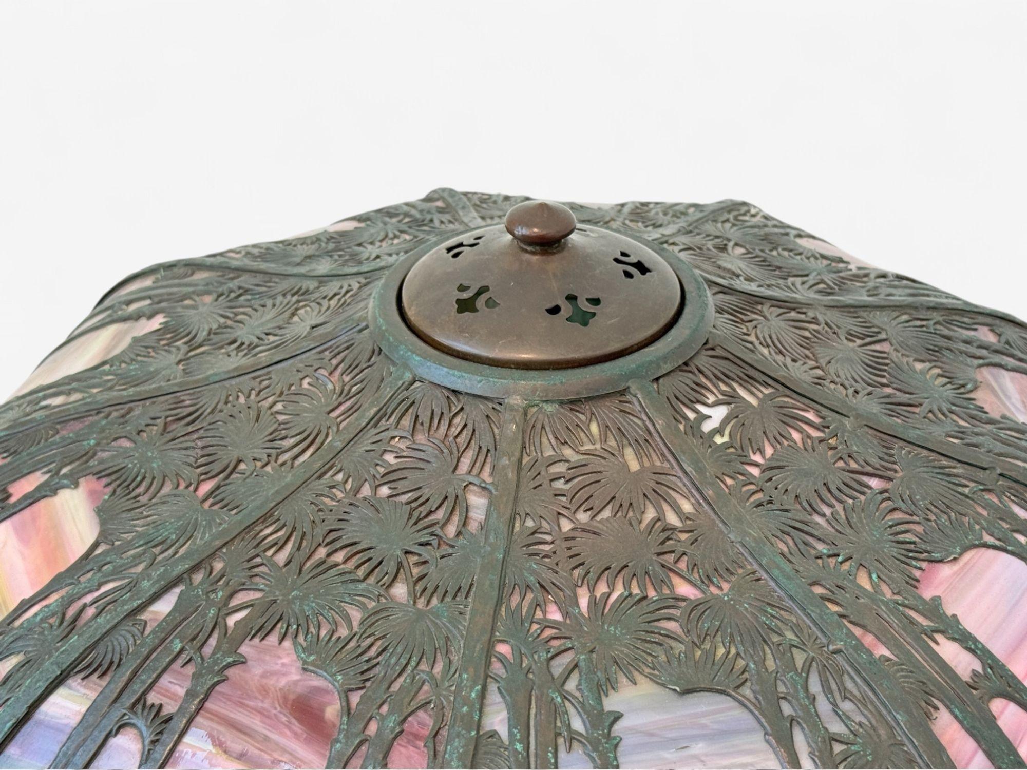 Handel Co, Arts and Crafts, lampe de table en forme de palmier, verre d'art, bronze, années 1900 en vente 2