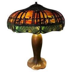 Handel Co., Arts and Crafts, Palm Tree Table Lamp, Art Glass, Bronze, 1900s
