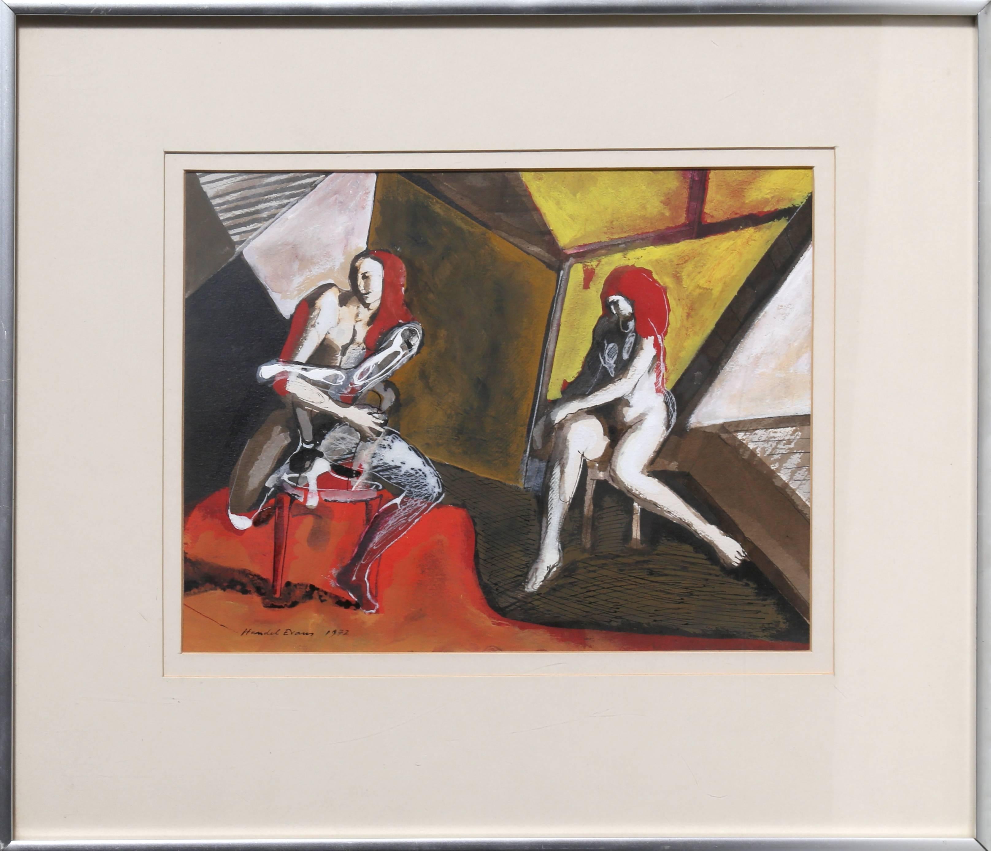 Zwei sitzende Akte, gerahmte surrealistische Gouache von Handel Evans