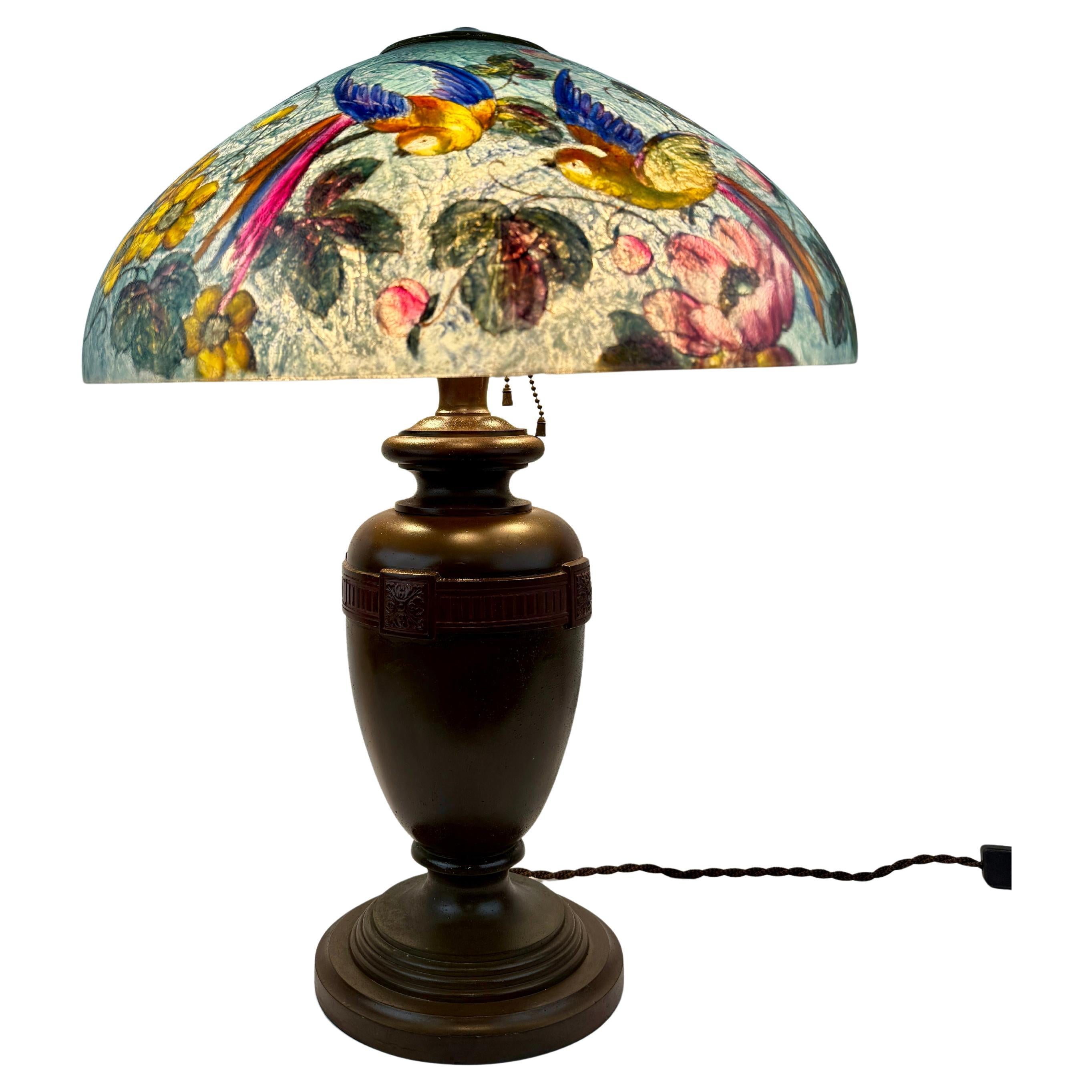 Lampada da tavolo Handel modello 7036 "Uccelli del Paradiso" con paralume e bronzo