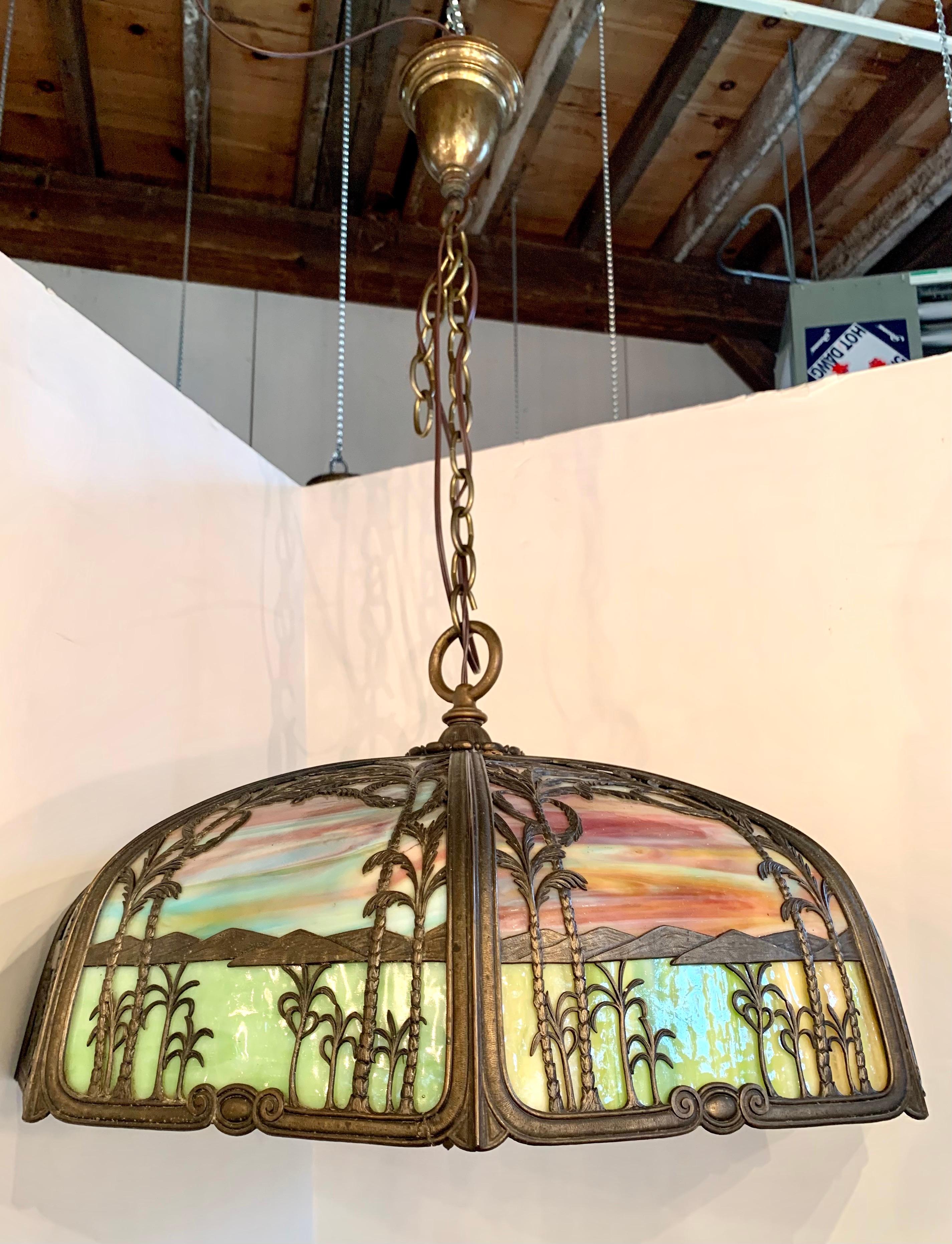 American Handel Palm Tree Leaded Stained Glass Dome Light Chandelier