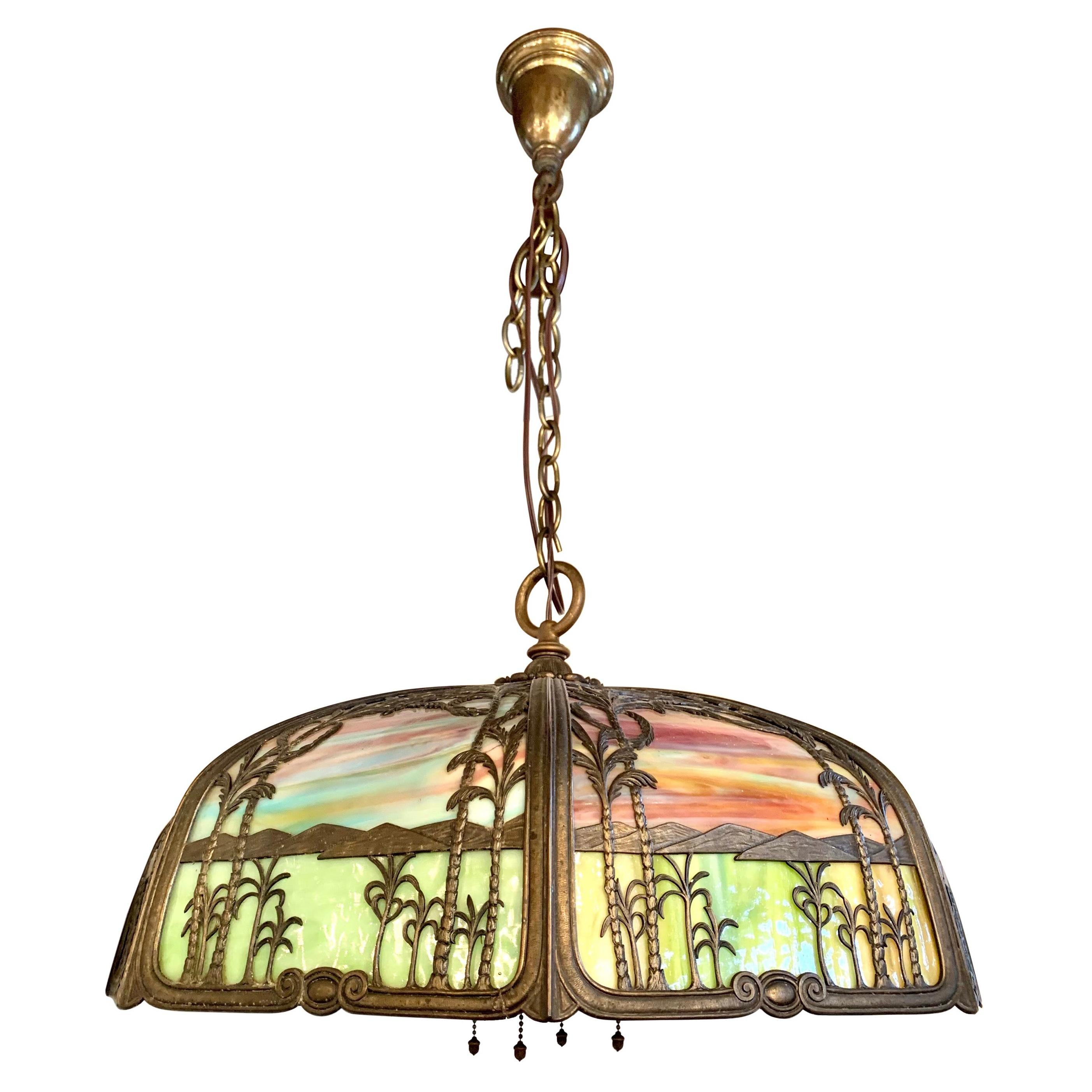 Handel Palm Tree Leaded Stained Glass Dome Light Chandelier