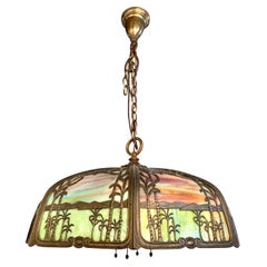 Antique Handel Palm Tree Leaded Stained Glass Dome Light Chandelier