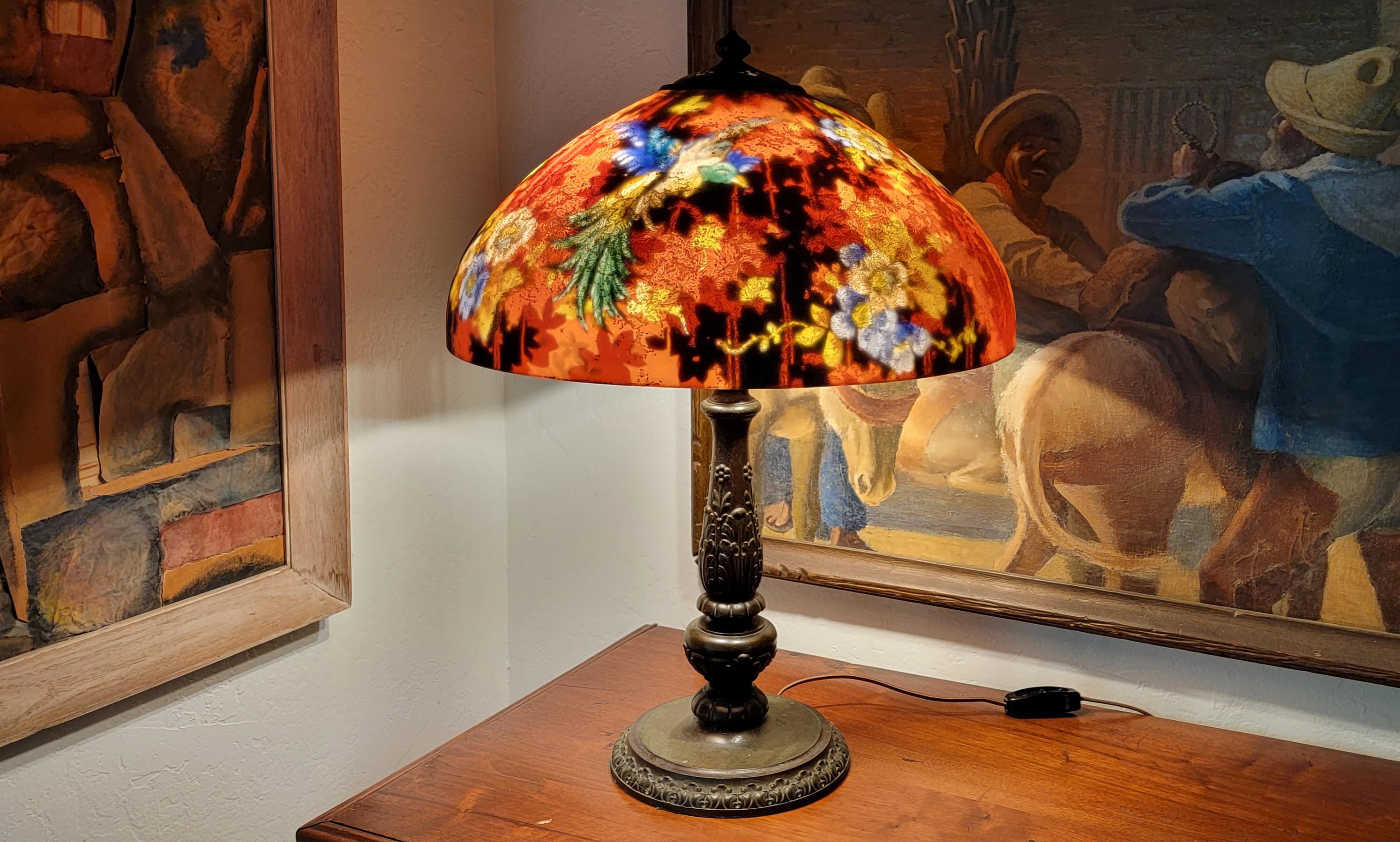 Handel Reverse Painted Bird & Flora Table Lamp 9