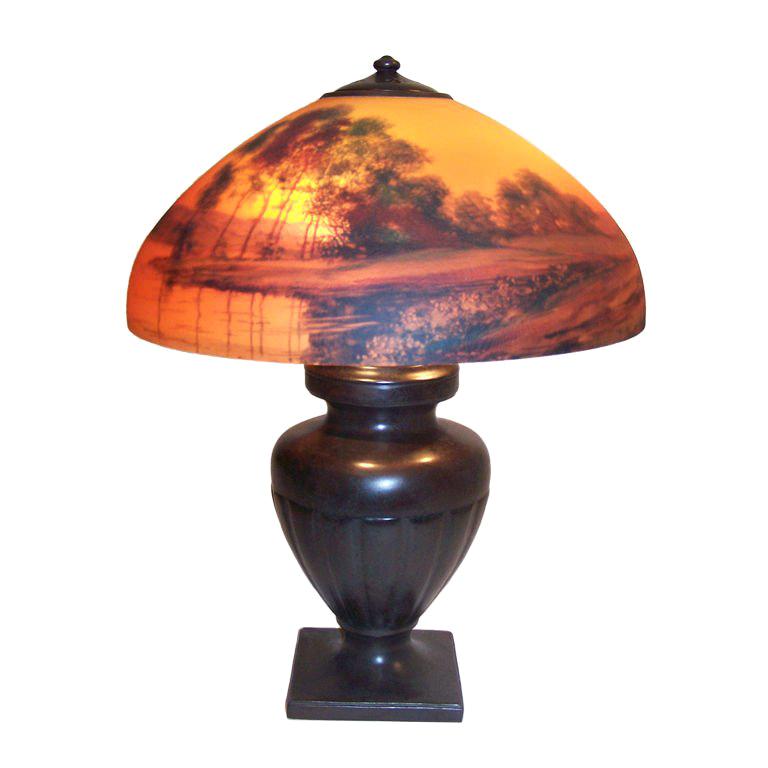 Bronze Lamp Base with Hand Painted Handel Lamp Shade