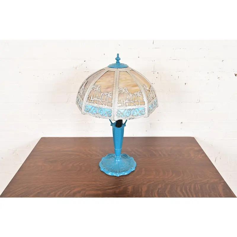 American Handel Style Antique Art Nouveau Table Lamp With Palm Tree Motif, Circa 1920s For Sale