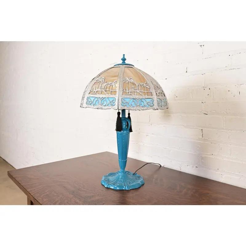 Handel Style Antique Art Nouveau Table Lamp With Palm Tree Motif, Circa 1920s In Good Condition For Sale In South Bend, IN